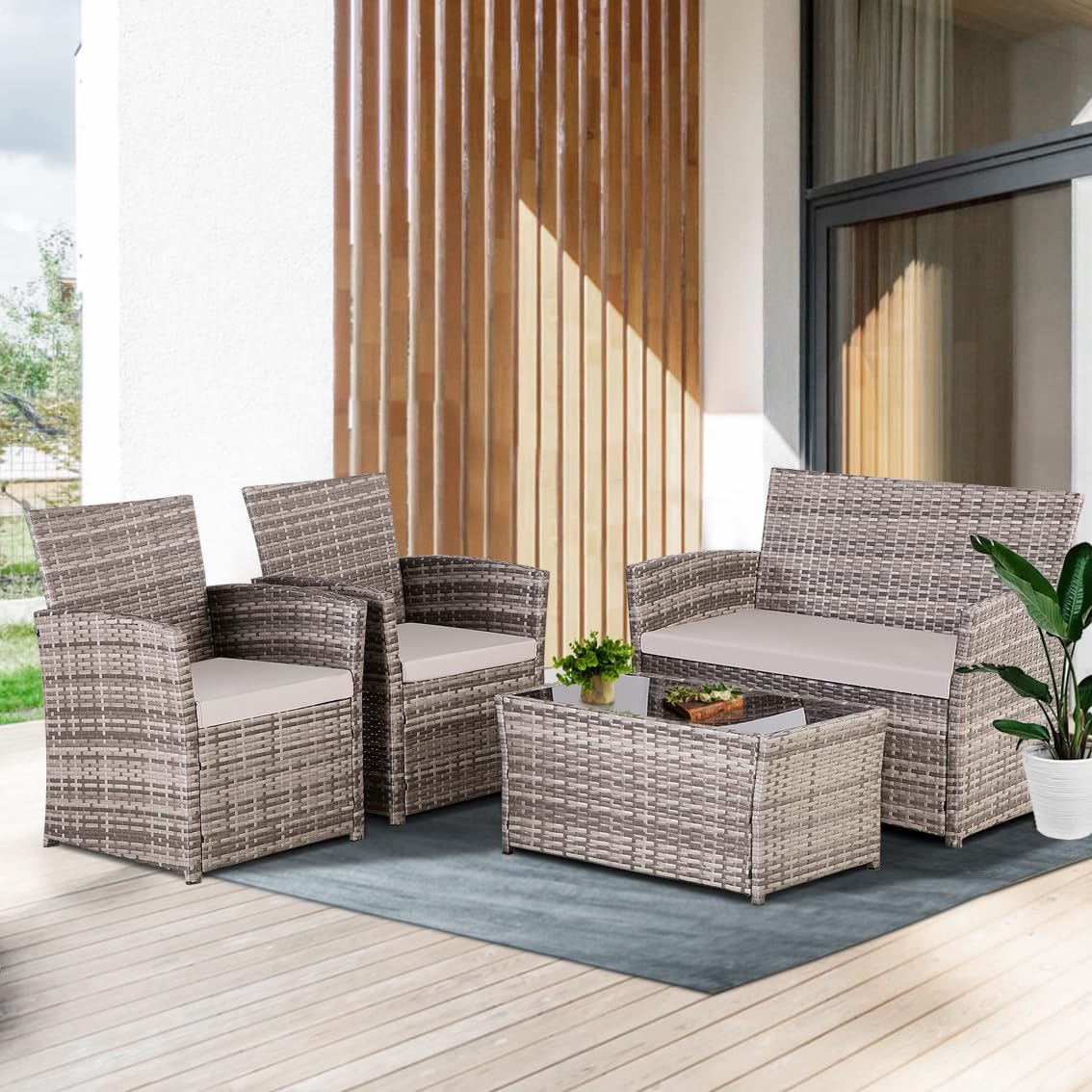 4-Piece Outdoor Patio Furniture Set - All-Weather Wicker Sectional Sofa with Rattan Coffee Table, Chairs & Loveseat - Gray Cushioned Seating for Balcony, Porch, Backyard & Garden Relaxation