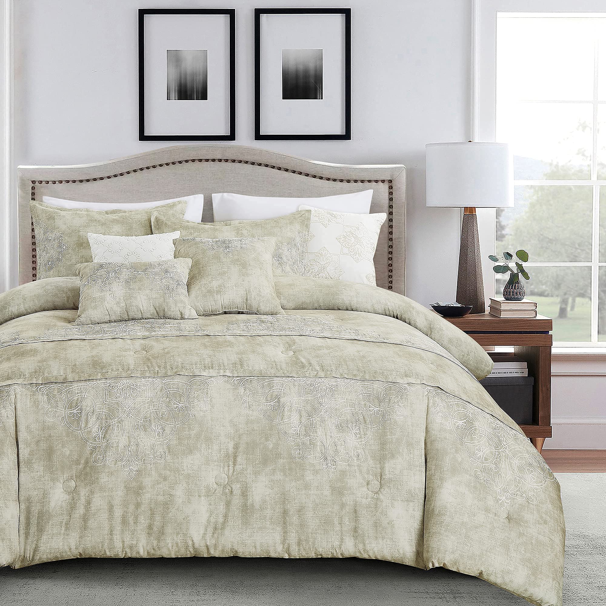 Luxury 7-Piece Full/Queen Comforter Set with Shams & Cushions - Vintage Washed Elegant Modern Pattern Bedding, Bed in a Bag (22153, F/Q) by Sapphire Home | Perfect for Master Bedroom, Guest Room & Cozy Home Decor