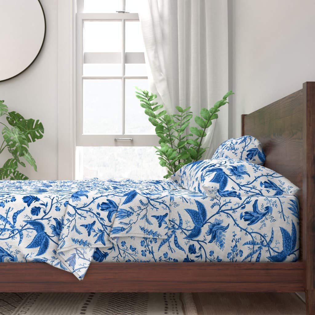 100% Cotton King Size 4-Piece Sheet Set - Garden Cobalt Chinese Oriental Chinoiserie Blue White Print Custom Bedding | Soft Breathable Luxury Bed Sheets for Master Bedroom, Guest Room & Dorm Decor