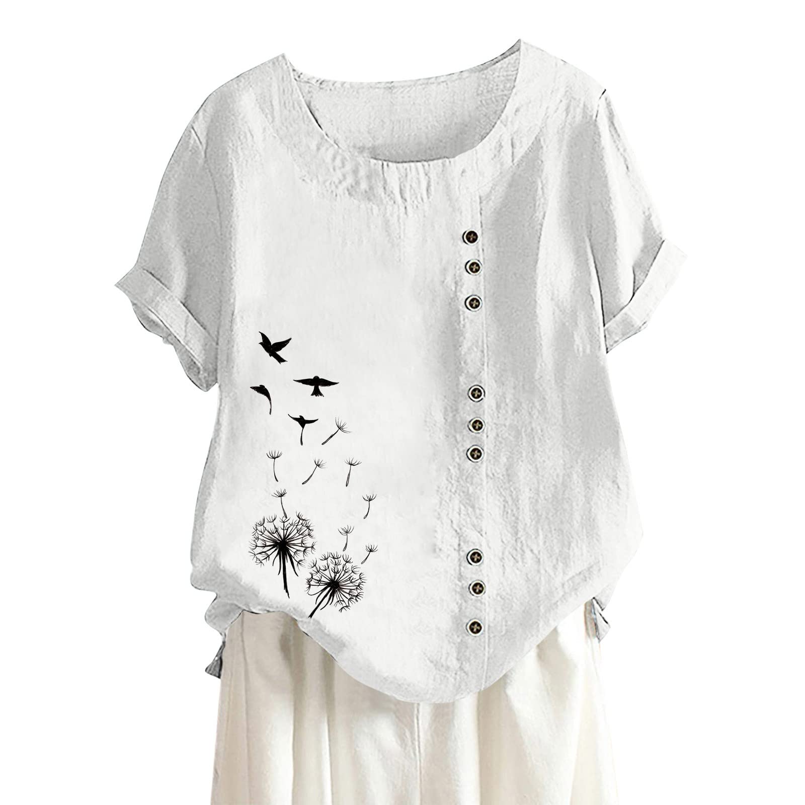Women's Cotton Linen T-Shirt - Casual Loose Fit Short Sleeve Plus Size Button Tunic Blouse - Plain White Long Tee for Summer Outfits & Beach Wear