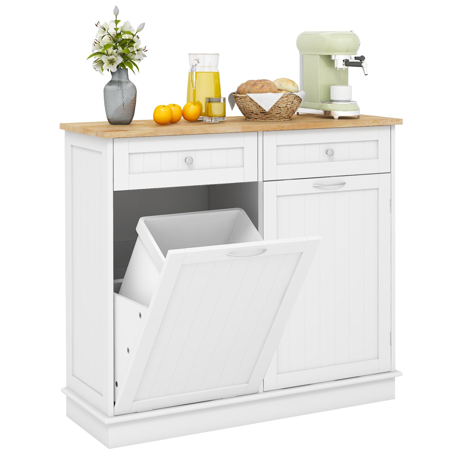 Giantex 15.5 Gallon Kitchen Trash Cabinet with Tilt-Out Bin - White Rubber Wood Countertop, 2 Large Drawers & Adjustable Shelf - Waste & Recycling Organizer for Kitchen Island, Pantry or Utility Room Storage