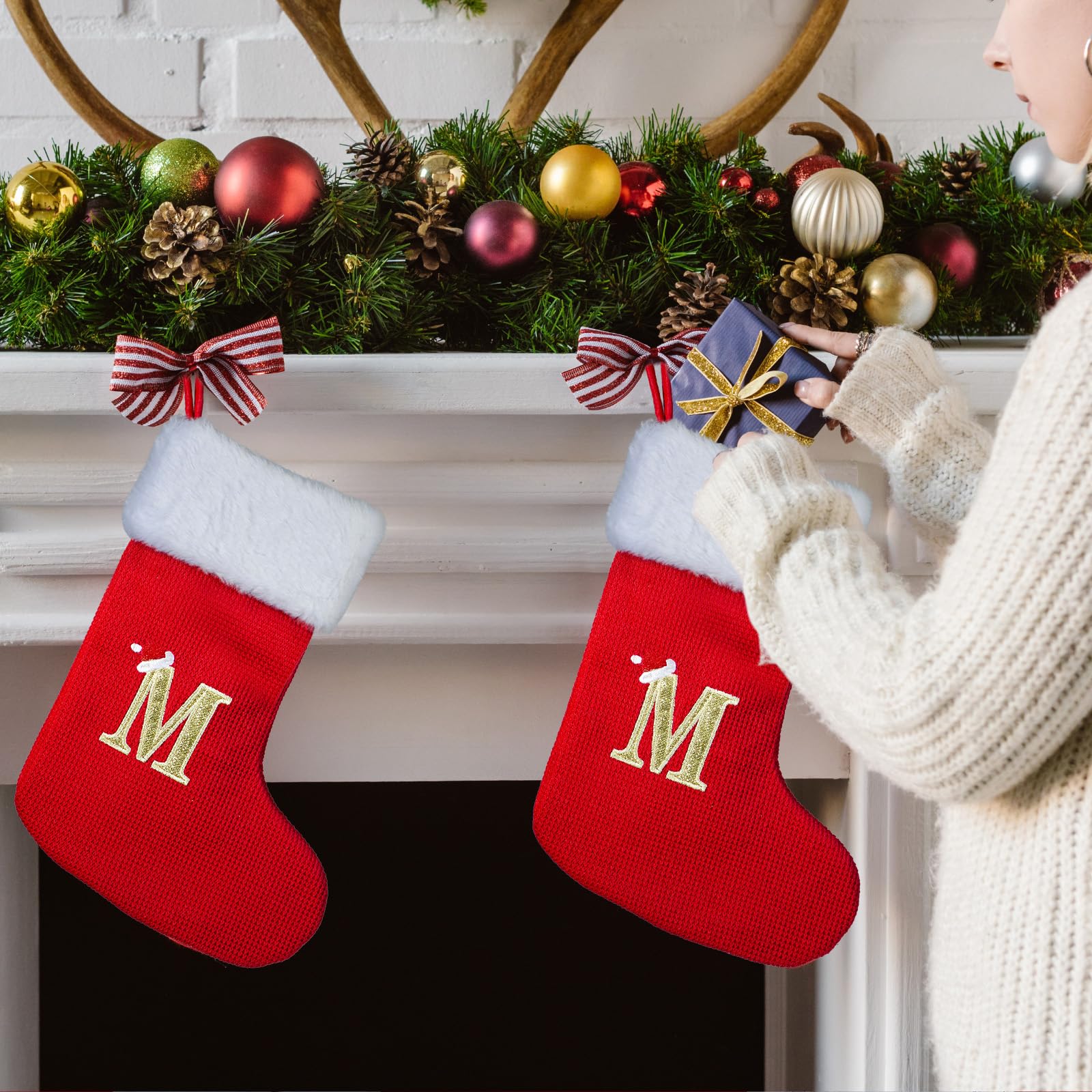 Personalized Monogrammed Christmas Stockings - 13 Inch Embroidered Initial Holiday Stockings for Mom, Dad, Kids, Women & Men - Red Festive Stocking with Custom Letter (M) - Perfect for Fireplace Decor, Gift Giving & Family Christmas Traditions