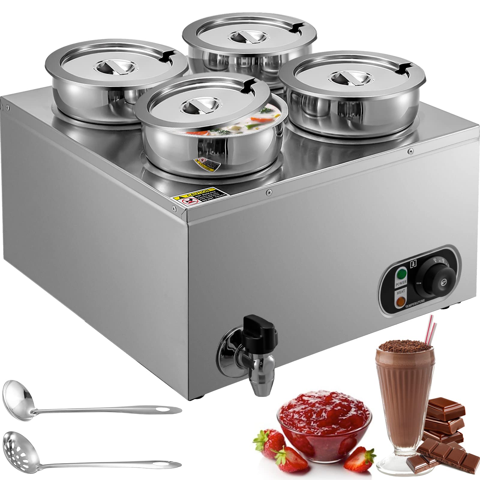 VEVOR 110V Commercial Soup Warmer 29.6 Qt Stainless Steel Food Warmer with Tap, 1500W Electric Bain Marie Adjustable Temperature 86-185℉ - Perfect for Restaurants, Catering & Buffets to Keep Cheese, Hot Dogs, Rice & Soups Warm