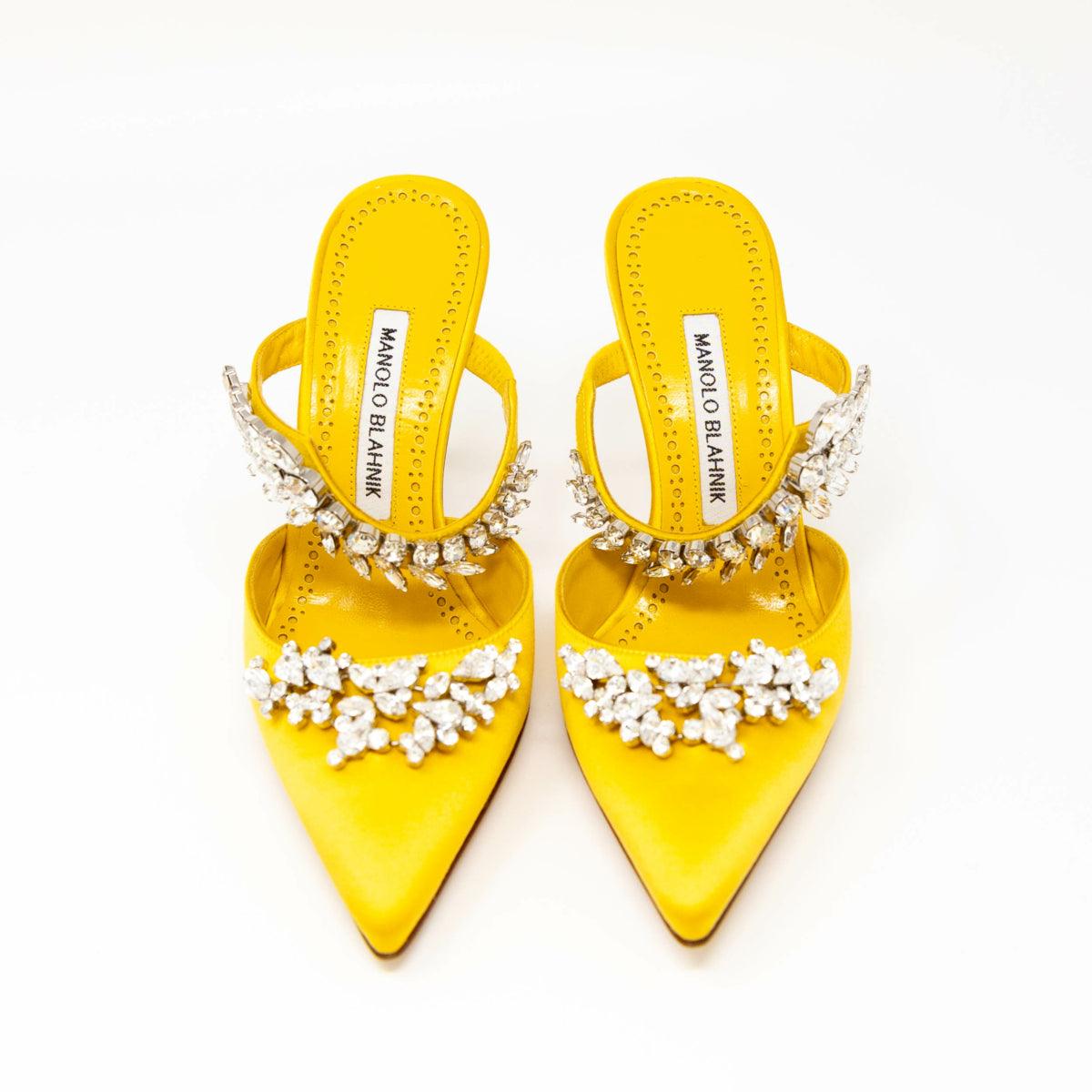Manolo Blahnik Women's Yellow Satin Lurum Pumps Size 36.5 - Elegant High Heels for Weddings, Parties & Special Occasions