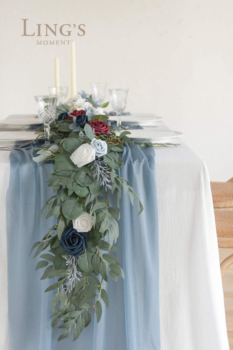 Ling's Moment 14Ft Dusty Blue Sheer Chiffon Table Runner with Silver Sparkle - Elegant Wedding Decor for Rustic, Boho Weddings, Bridal Showers & Birthday Parties - Perfect for Table Settings, Centerpieces & Special Event Decorations