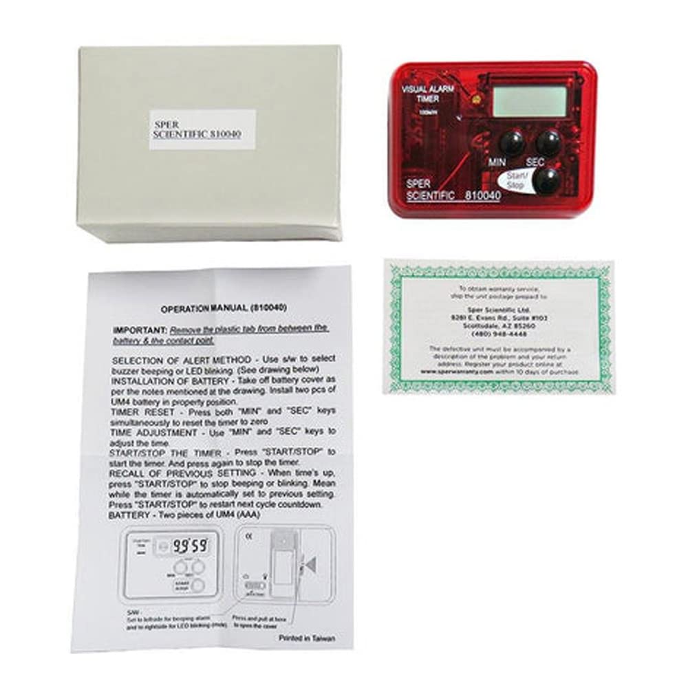 Sper Scientific 810040 Compact Visual & Audible Alarm Timer - 99 Minute Countdown Timer with Loud Alarm for Labs, Cooking, Workouts & Classroom Activities