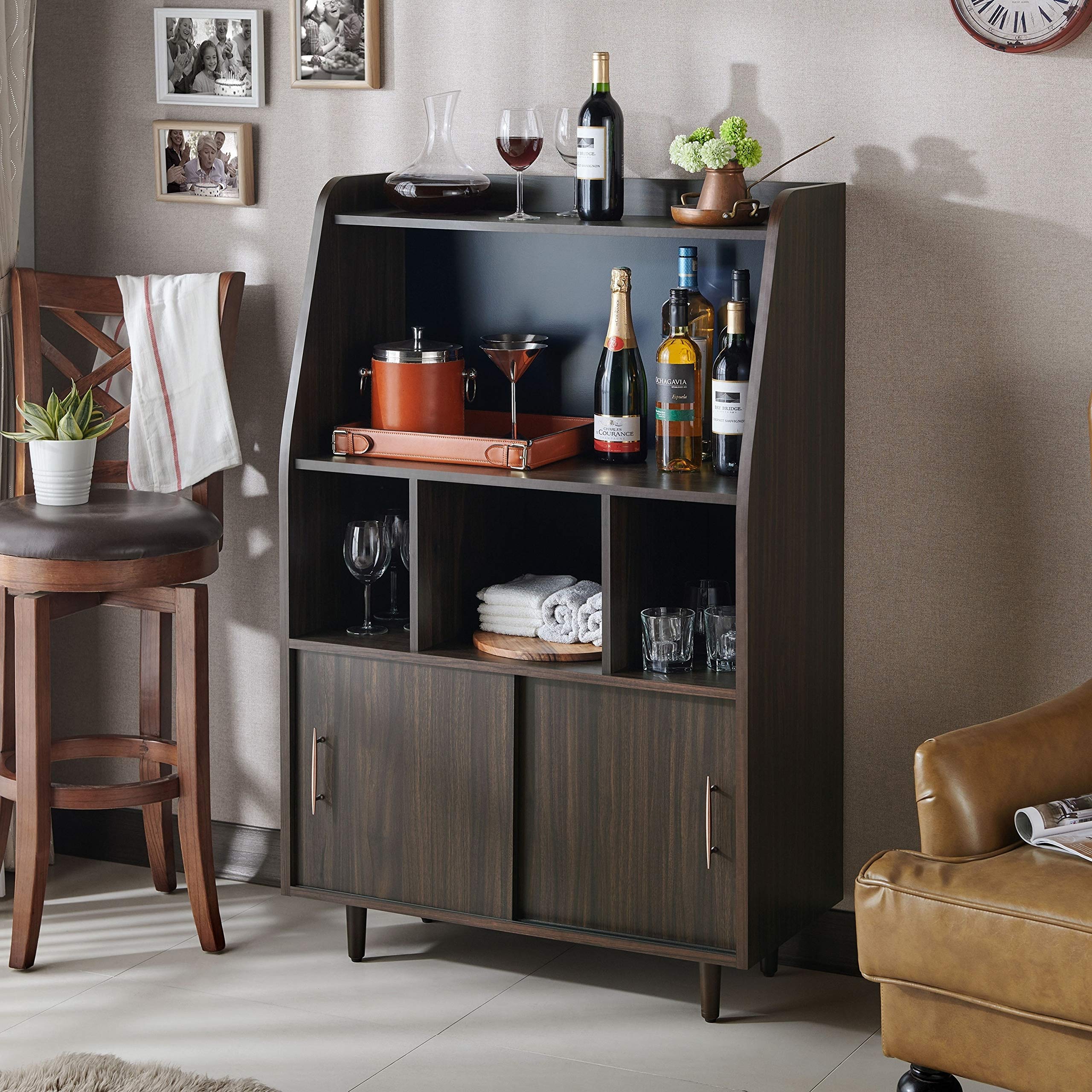Modern Brown Bar Cabinet - Contemporary MDF Finish with Hardware Included | Stylish Home Bar Furniture for Living Room, Dining Room or Entertainment Area
