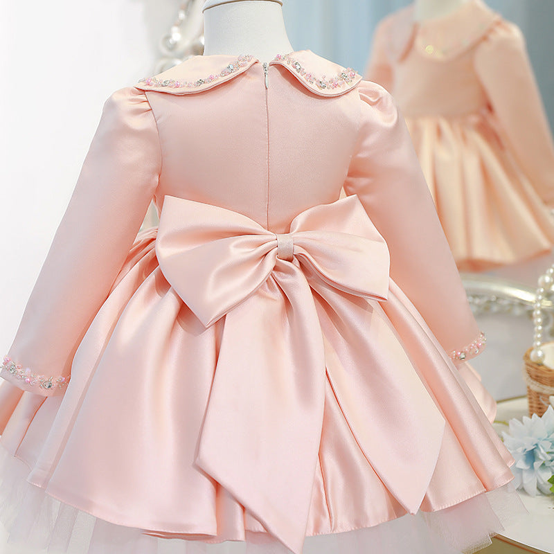 Elegant Baby Girl Communion Dress - Long Sleeve Beaded Princess Gown with Doll Collar for Christening, Birthday Party & Special Occasions