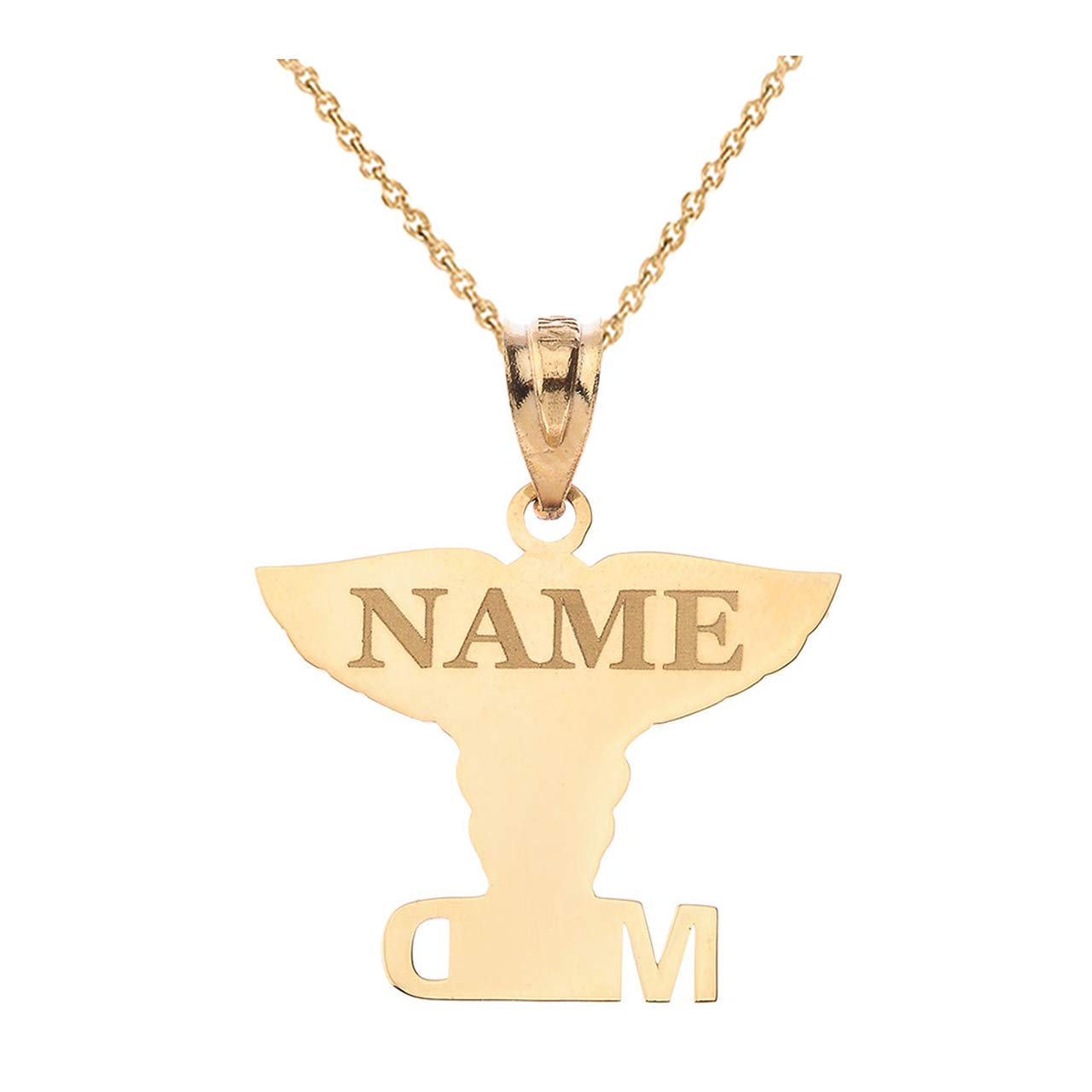 14K Gold Personalized Name Caduceus MD Charm Necklace for Medical Doctors - Perfect Gift for Graduation, Appreciation & Professional Pride