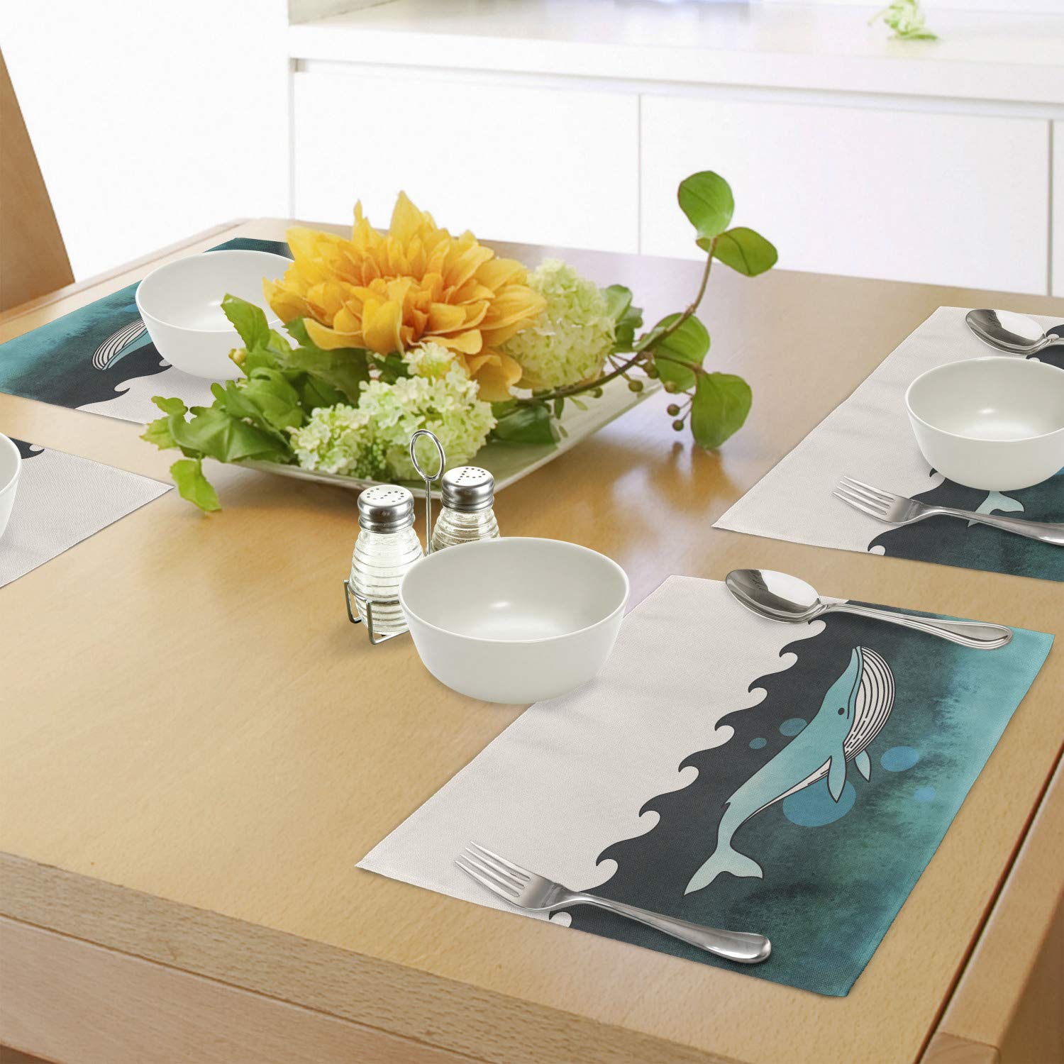 Ambesonne Whale Themed Place Mats Set of 4 - Waterproof Washable Fabric Placemats for Dining Table - Ocean Whale Swimming Underwater with Palm Island & Wooden Skull Art Decor - Perfect for Kitchen, Dining Room, Beach House or Coastal Themed Parties (Green & Blue)