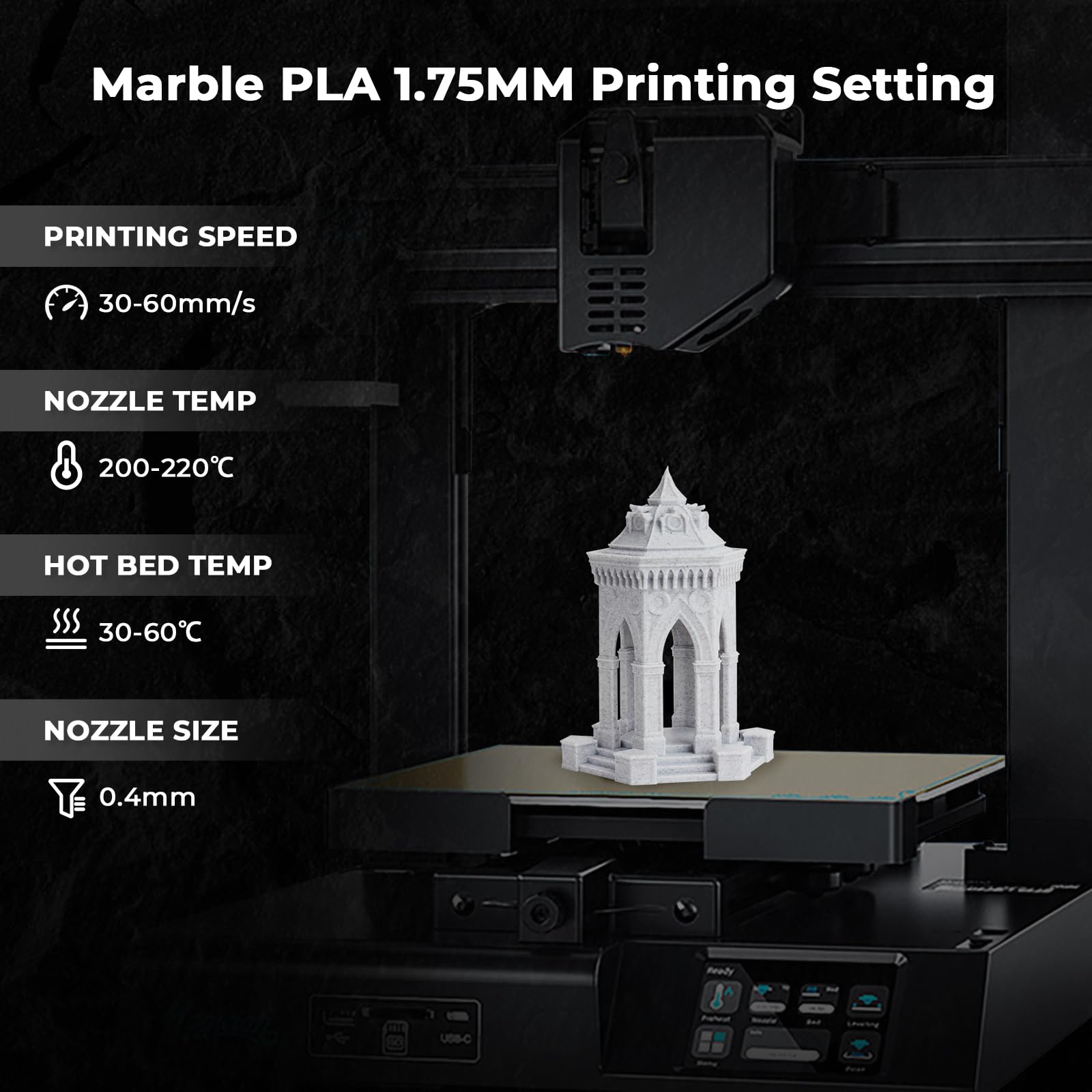 AMOLEN PLA 3D Printer Filament - 1.75mm Marble White Stone PLA Filament (1KG/2.2lb) for Home Decor, DIY Projects & 3D Printing - Perfect for Vases, Figurines & Decorative Items