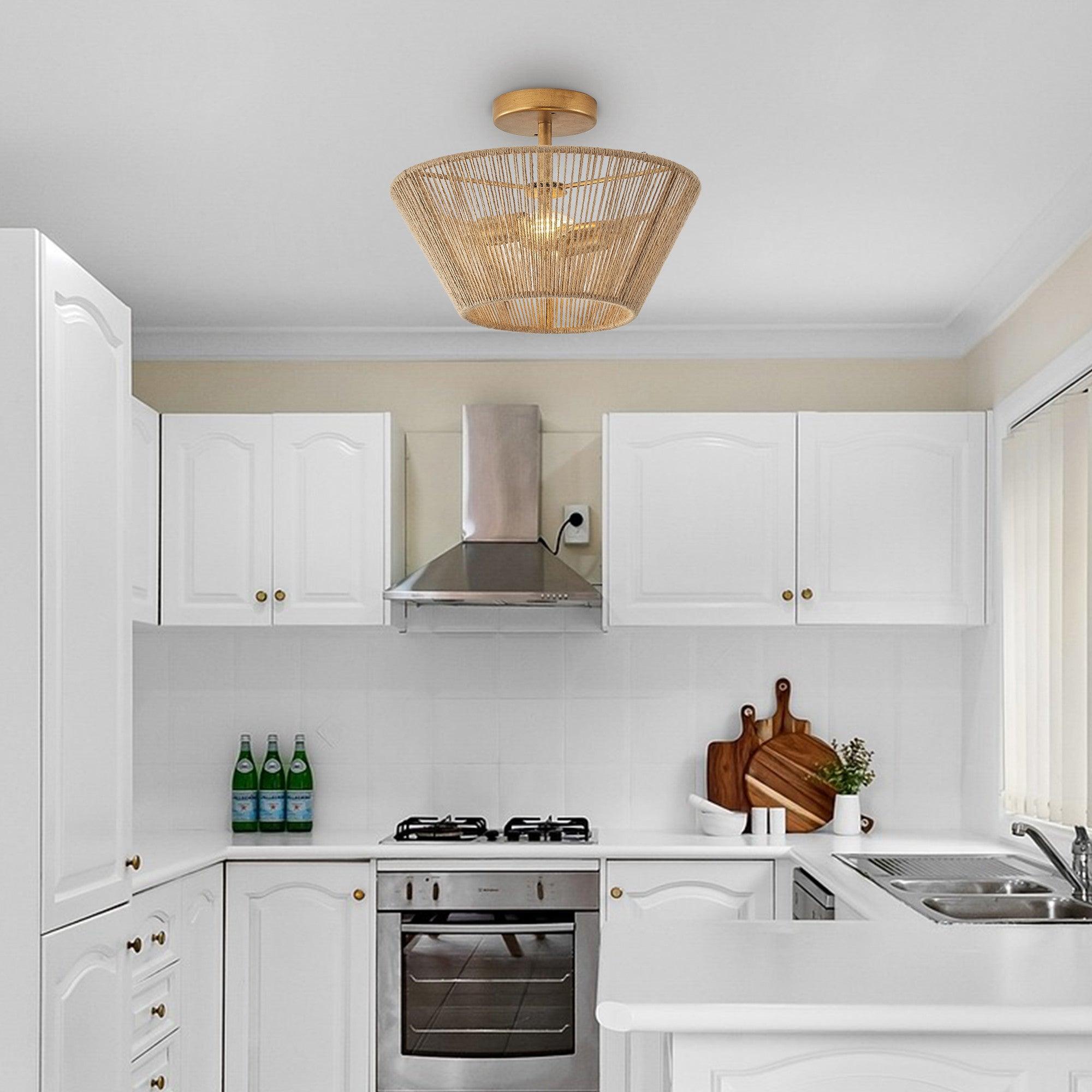 Farmhouse 2-Light Flush Mount Ceiling Light with Natural Rattan Rope - Perfect for Kitchen, Dining Room, Bedroom & Boho Home Decor