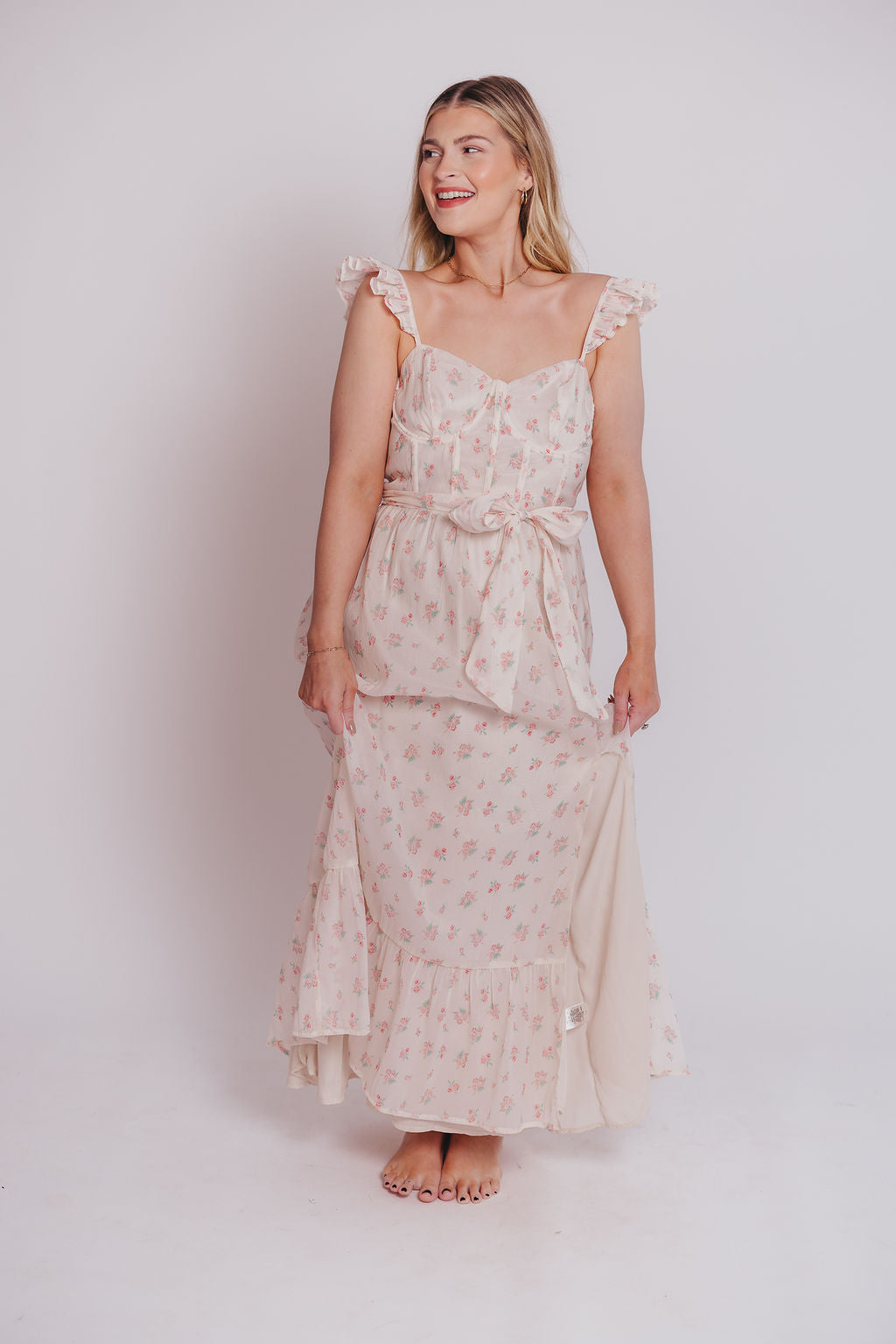 Rosamund Bustier Style Maxi Dress - Blush Pink Floral Print, Plus Size (S-3XL) | Wedding Guest Dress, Summer Beach Dress, Formal Occasion Outfit