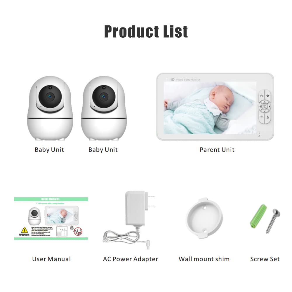 GUAZI STORE 7-inch Large Screen Baby Monitor with Camera - Split Screen, Rotating Camera, 2-Way Talk & Temperature Sensor | 2 Camera System with Auto Night Vision & Lullabies | Perfect for Nursery, Bedroom & Travel Baby Monitoring