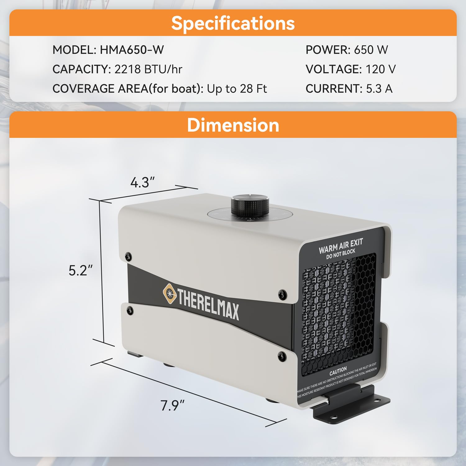 650W PTC Boat Cabin Heater with Built-in Thermostat & Waterproof Fan - Safe Marine Engine Compartment Heater for Winter Freeze Protection - Ideal for Boats, Yachts & RV Living Spaces to Prevent Pump Freezing & Keep Cabin Warm