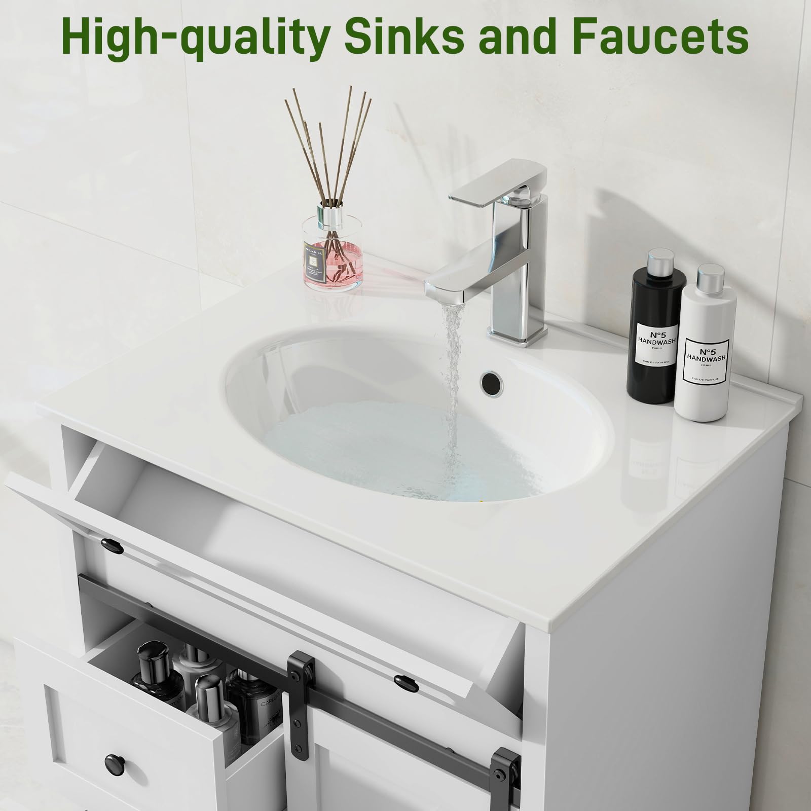Vabches Freestanding Bathroom Vanity Set with Sink, Matte Silver Faucet, Drawers & Sliding Door - White Bathroom Storage Cabinet for Small Spaces, Modern Powder Room & Guest Bathroom Makeover