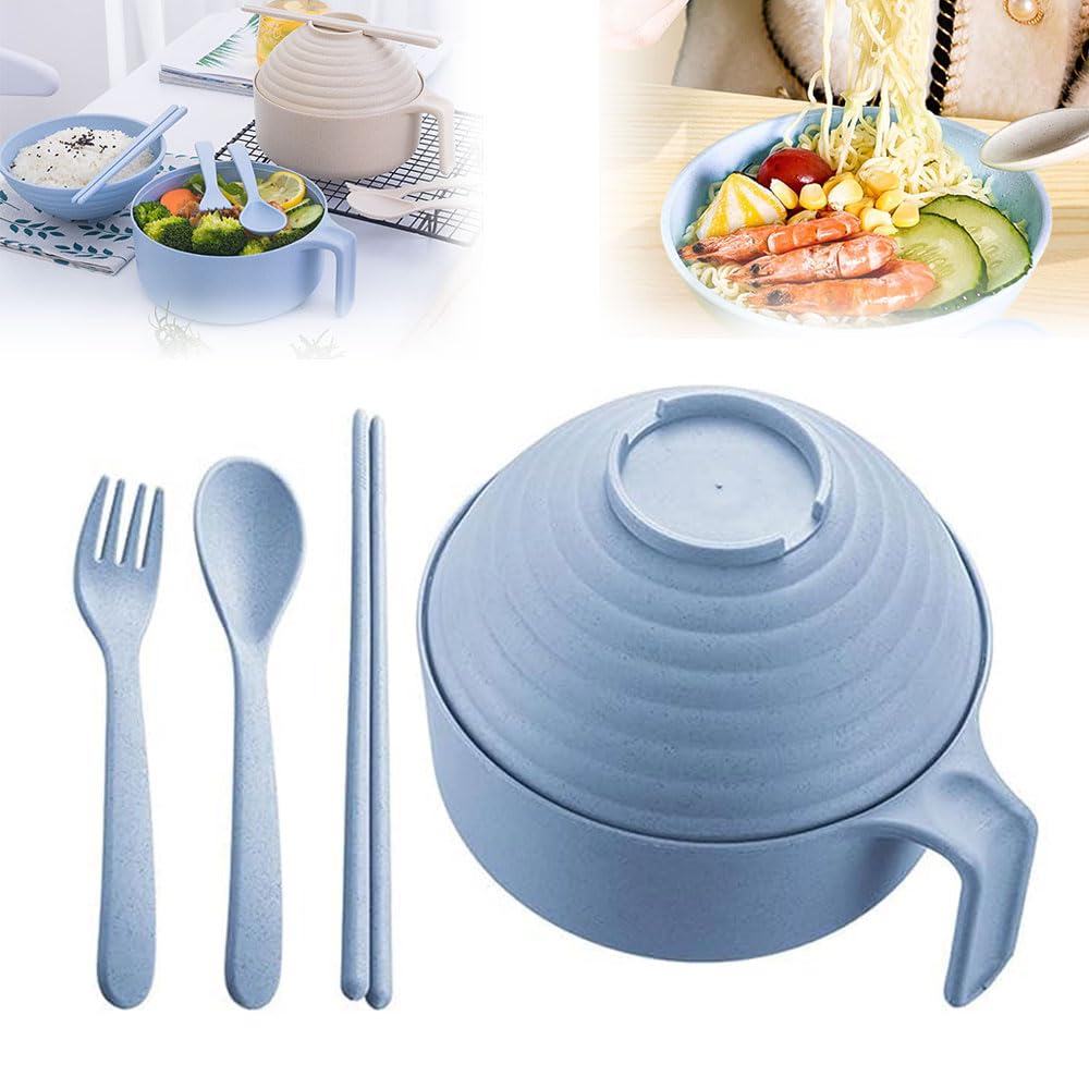 Microwave Ramen Bowl with Strainer & Utensils - Portable Noodle Cooker for Soup, Salad - Blue