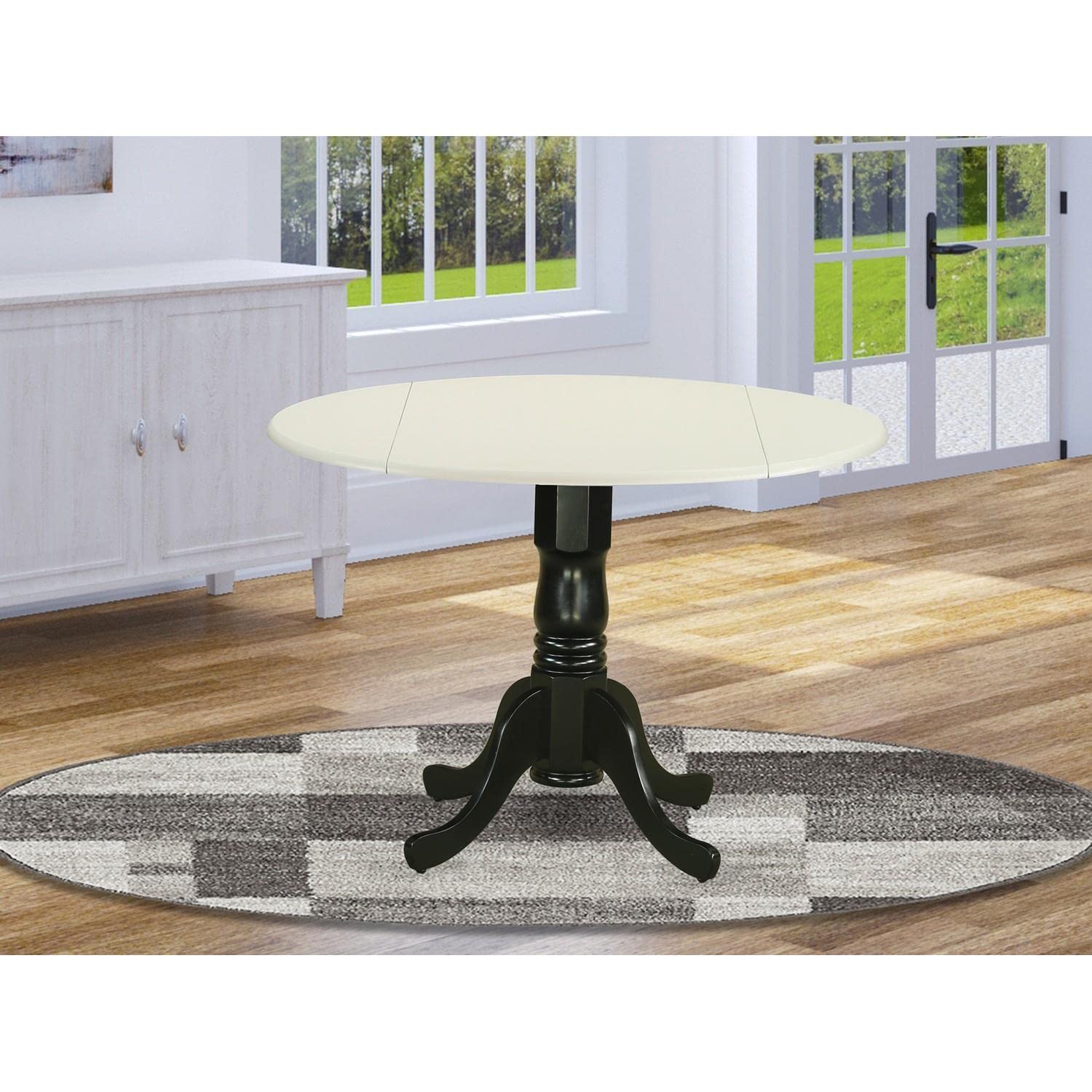 East West Furniture DLT-LBK-TP Dublin Round Kitchen Dining Table with Drop Leaf & Pedestal Base - 42 Inch Round Table Top in Linen White & Black - Perfect for Small Spaces, Breakfast Nooks & Cozy Dining Areas