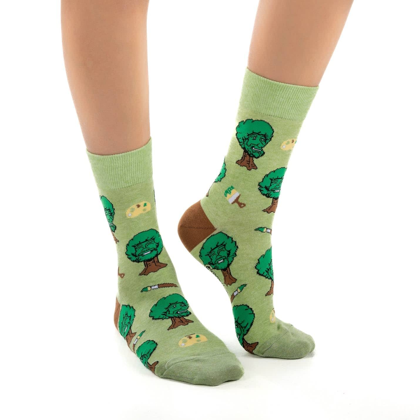 Good Luck Sock Women's Bob Ross Inspired Socks - Colorful Artistic Crew Socks for Adults - Perfect Gift for Artists & Sock Lovers - Great for Casual Wear, Gift Giving & Creative Inspiration