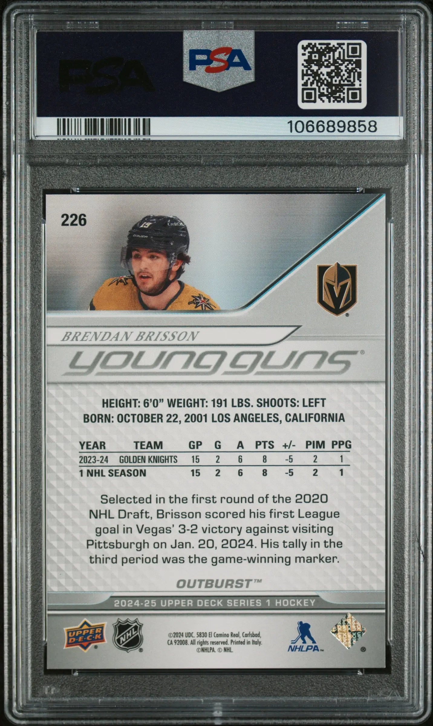 2024 Upper Deck Series 1 Brendan Brisson Young Guns Rookie Card Red Outburst PSA 9 /25 - Rare Hockey Collectible for Sports Fans & Card Investors