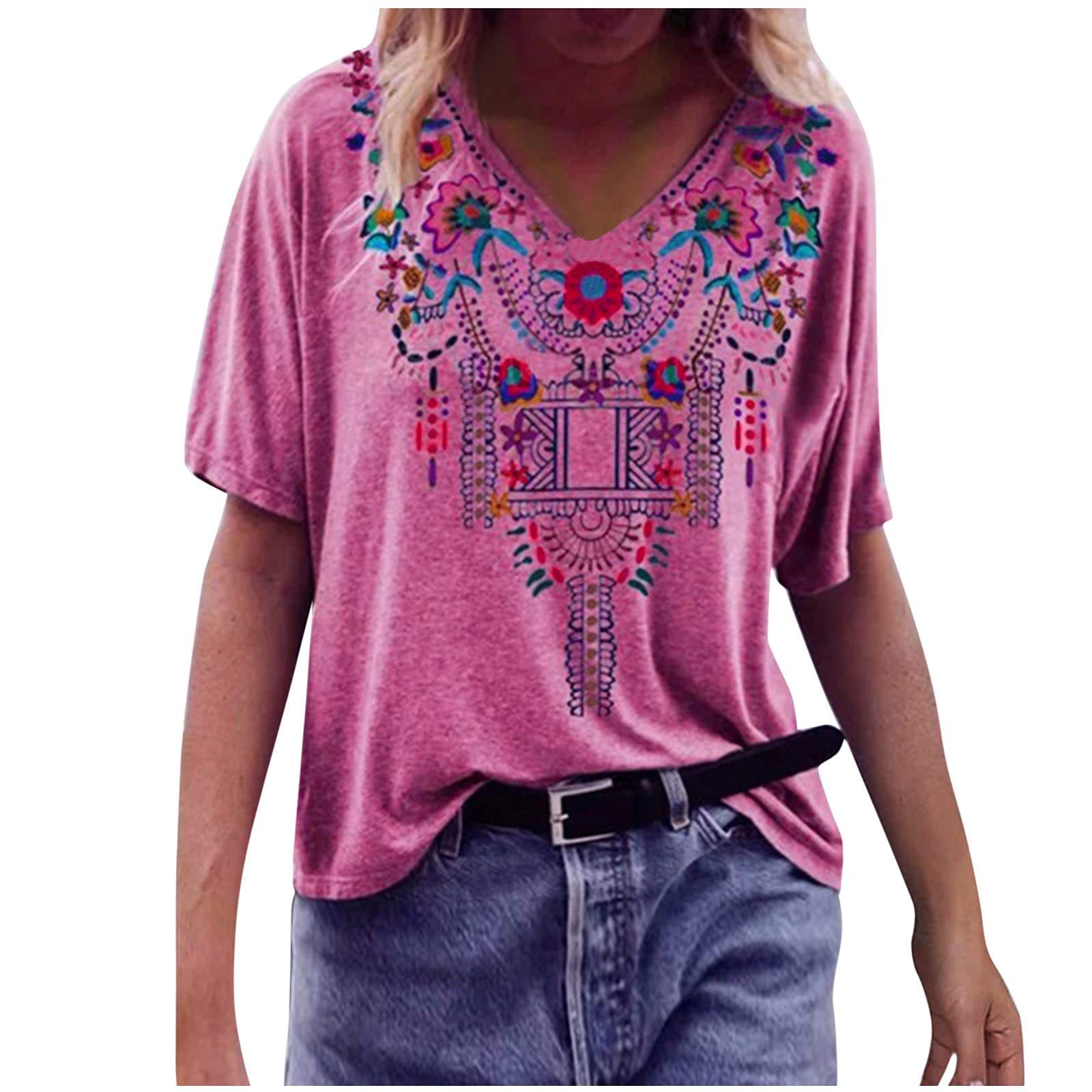 GuGsi Women's Summer V-Neck Short Sleeve T-Shirt - Loose Fit Casual Printed Ethnic Top for Women | Perfect for Beach, Vacation & Everyday Wear