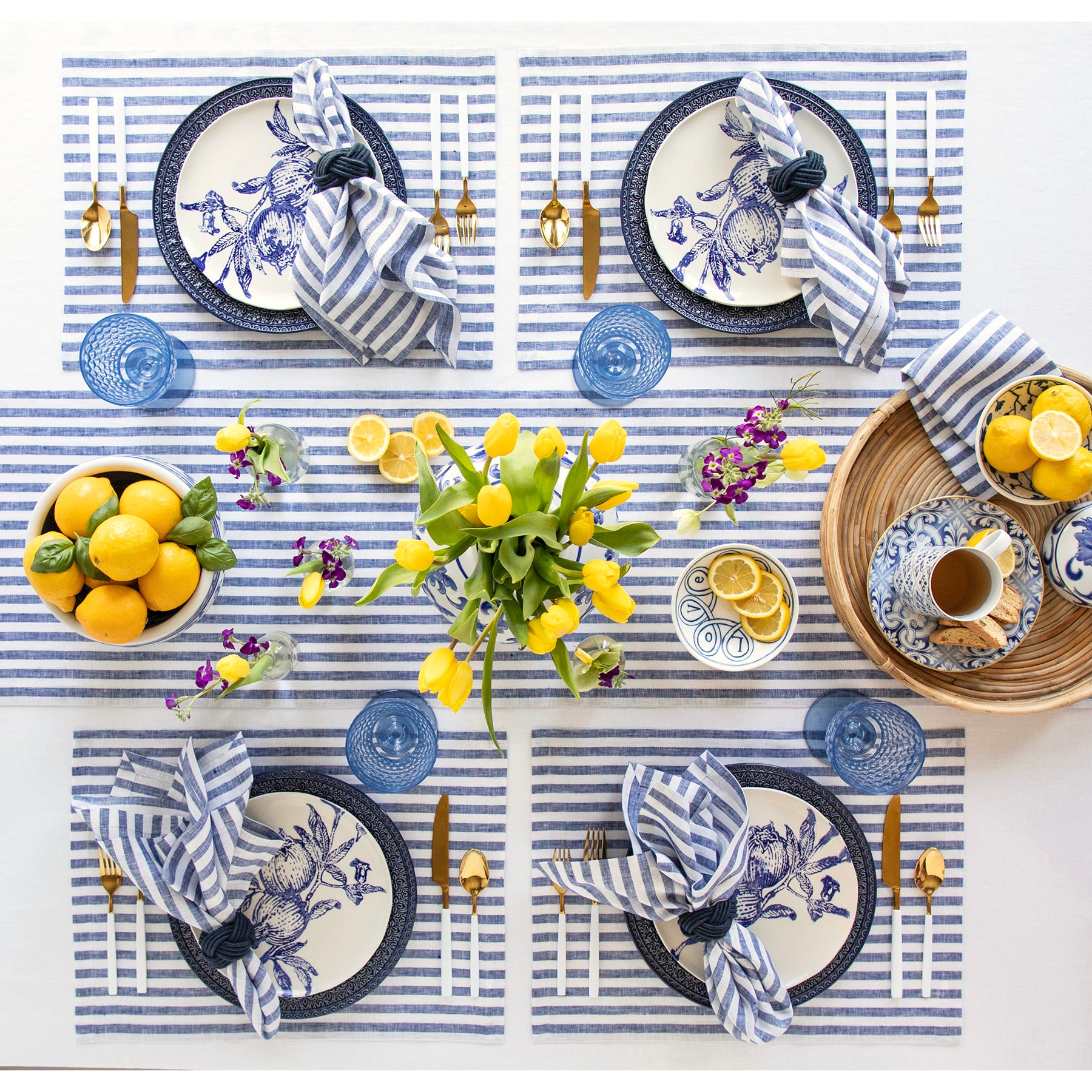 Amalfi Stripe Cotton Placemats Set of 6 - Waterproof & Washable Table Mats for Dining, Kitchen, and Party Decor - Elegant Coastal Home Tableware