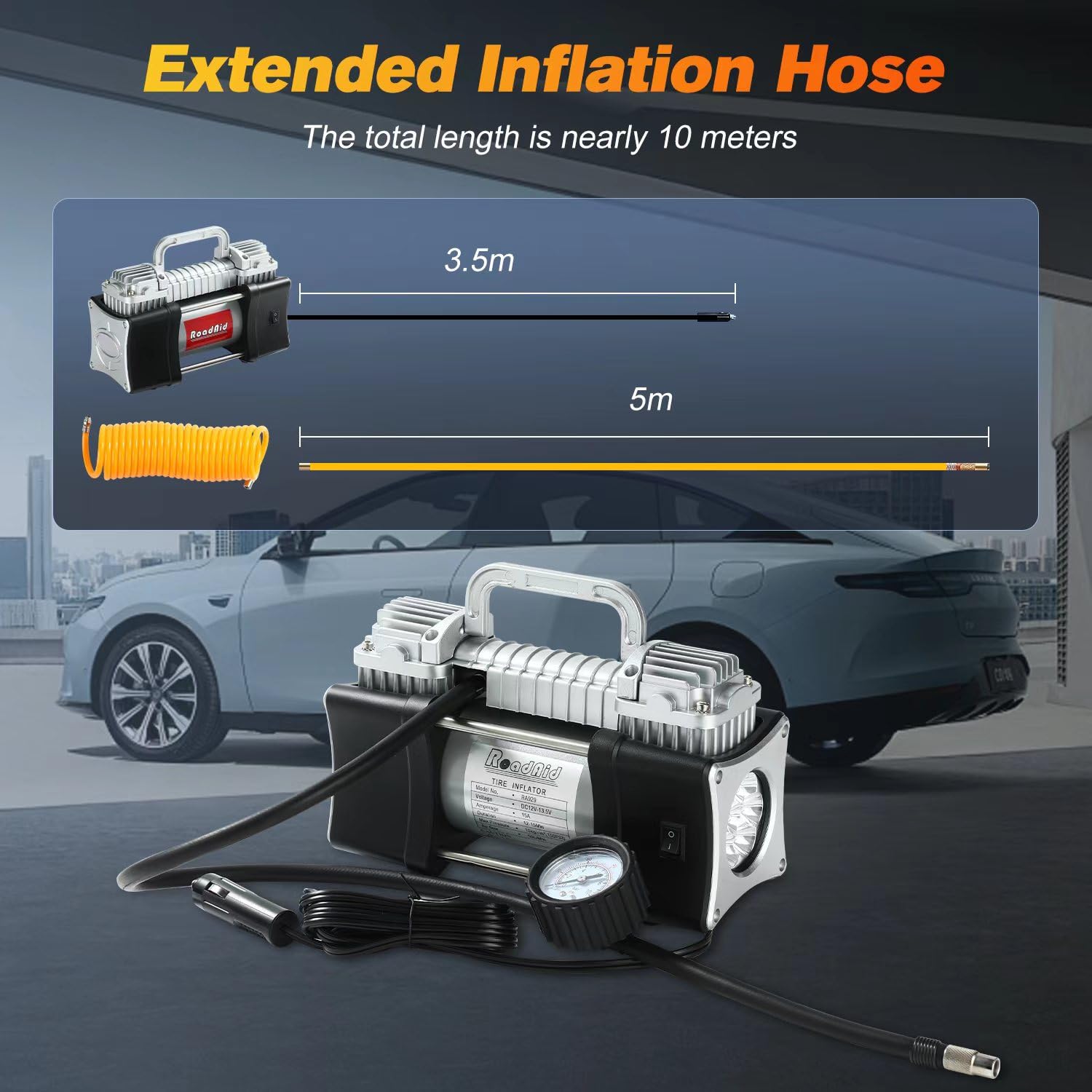 12V Portable Tire Inflator Air Compressor - 150PSI Dual Cylinder Pump with Aluminum Case, Battery Clamps & 5M Hose for Cars, SUVs, Motorcycles, Bikes | Quick Inflation for Roadside Emergencies & Garage Use