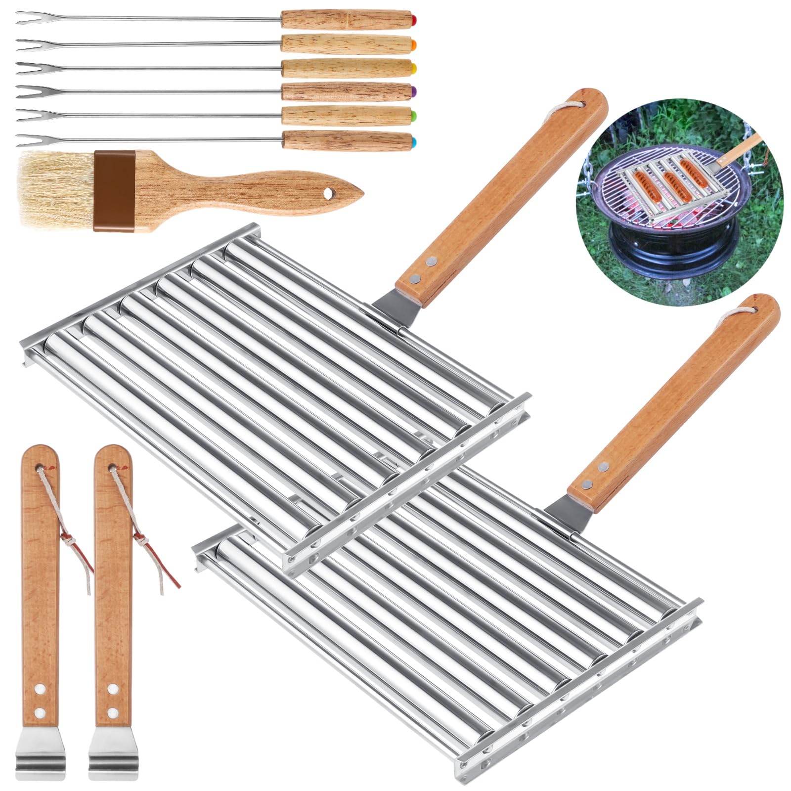 2PCS Stainless Steel Hot Dog Roller Grill with 6PCS BBQ Skewers & Sauce Brush - 9.4 x 7.1 Inch BBQ Sausage Roller Rack with Wood Handle, Perfect for Backyard Grilling, Camping, and Outdoor Barbecue Parties