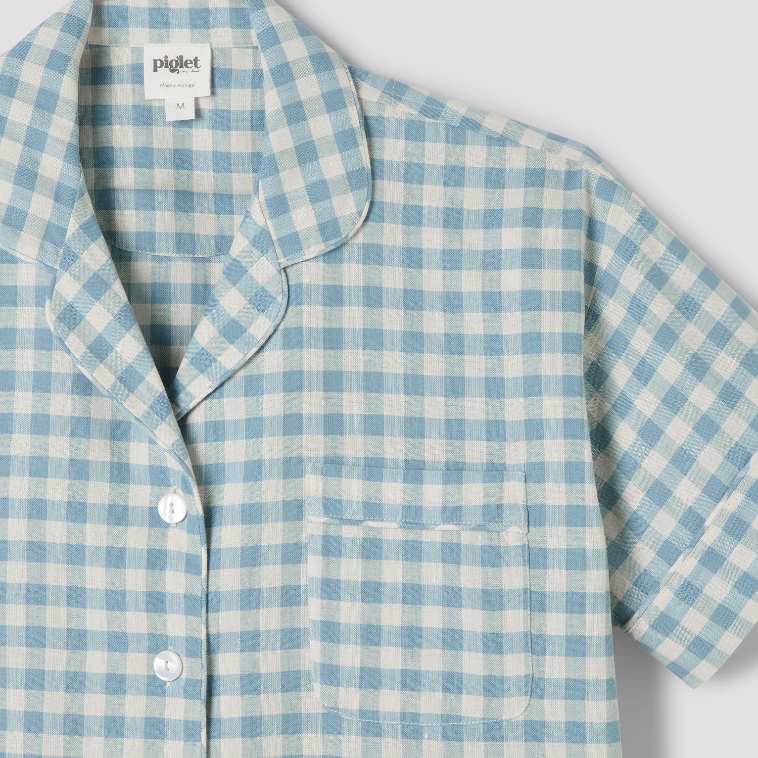 Cozy Blue Gingham Linen-Blend Pajama Short Set for Women - Soft Sleepwear & Lounge Outfit for Summer Nights, Vacation & Relaxing at Home