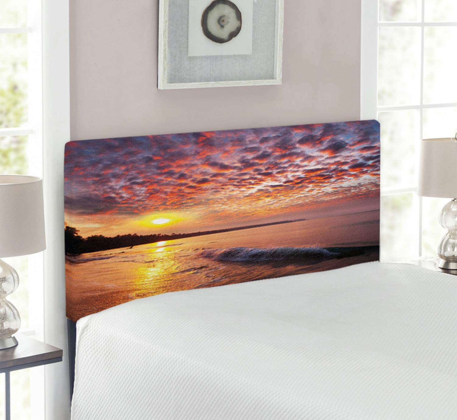 Ambesonne Upholstered Landscape Headboard - Sunrise at Seashore with Cloudy Sky, Twin Size Memory Foam Bed Headboard in Orange Mauve Blue | Coastal Bedroom Decor, Dramatic Dawn Island Forest Design for Home & Guest Room