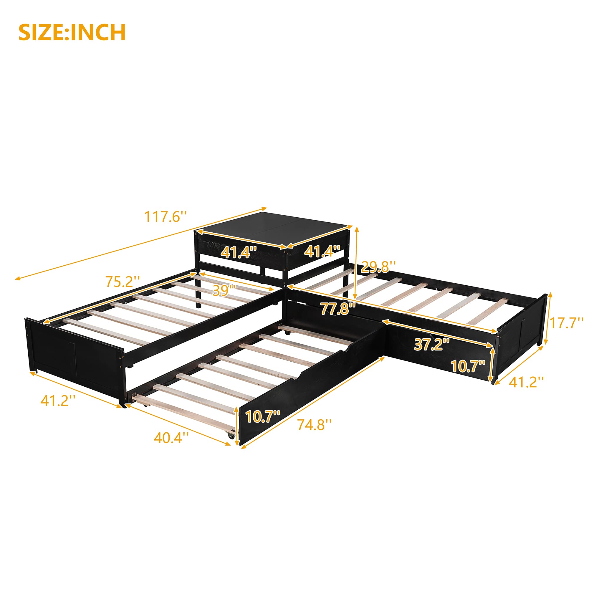 Bellemave L-Shaped Twin Platform Bed with Desk & Storage Drawers - Modern Wooden Bed Frame with Trundle, 3-in-1 Space-Saving Design in Espresso Finish - Perfect for Small Bedrooms, Dorm Rooms & Studio Apartments