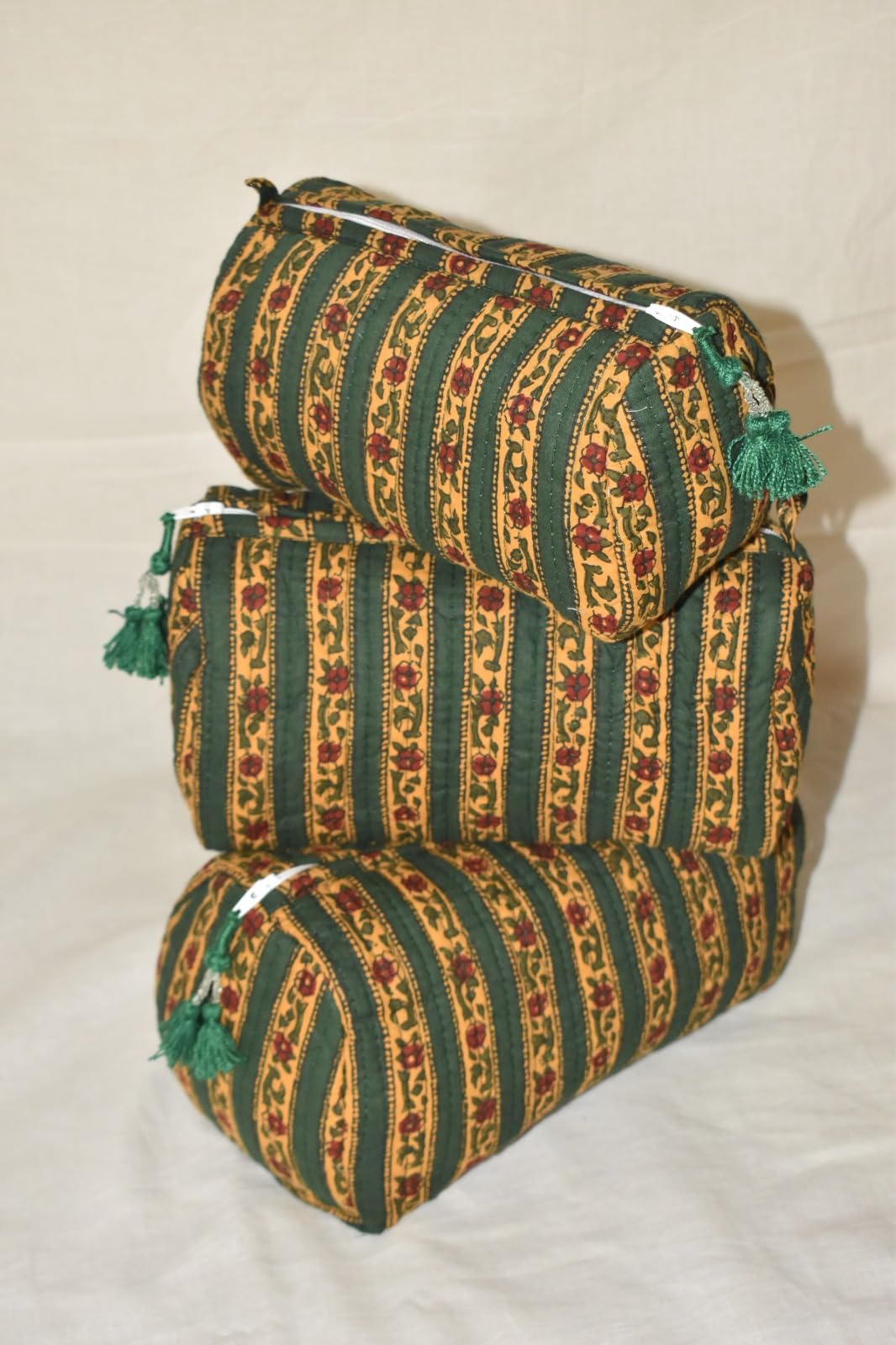 Handmade Jaipur Cotton Wash Bags - Set of 3 Eco-Friendly Toiletry & Cosmetic Pouches for Travel, Makeup Kit Storage | Vanity Organizer Bags in Green | Perfect for Gym, Vacation & Daily Use