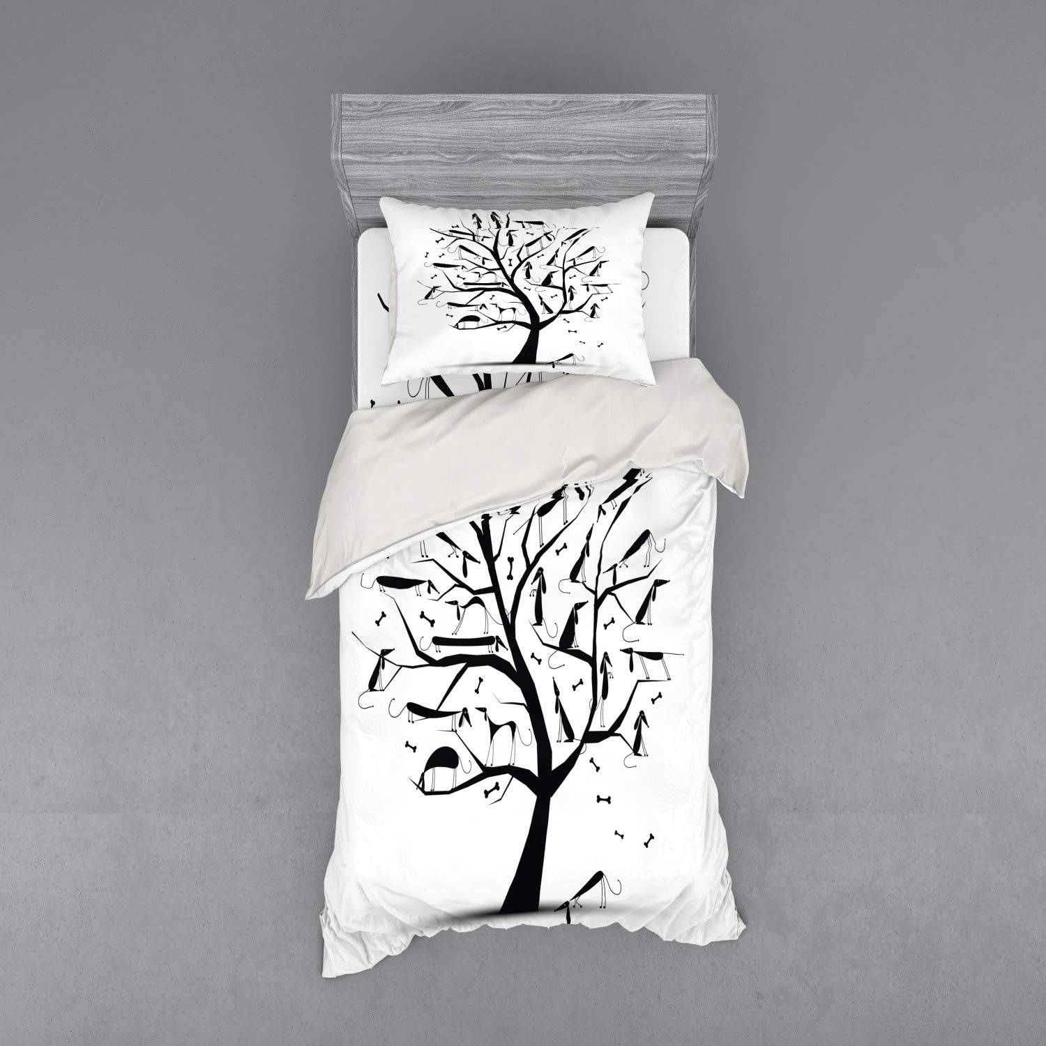 Ambesonne Abstract Bedding Set - Monochrome Autumn Tree with Dachshund Silhouettes, 3-Piece Duvet Cover Set with Pillow Sham & Fitted Sheet, Twin Size Black & White - Cozy Fall Bedroom Decor for Dog Lovers