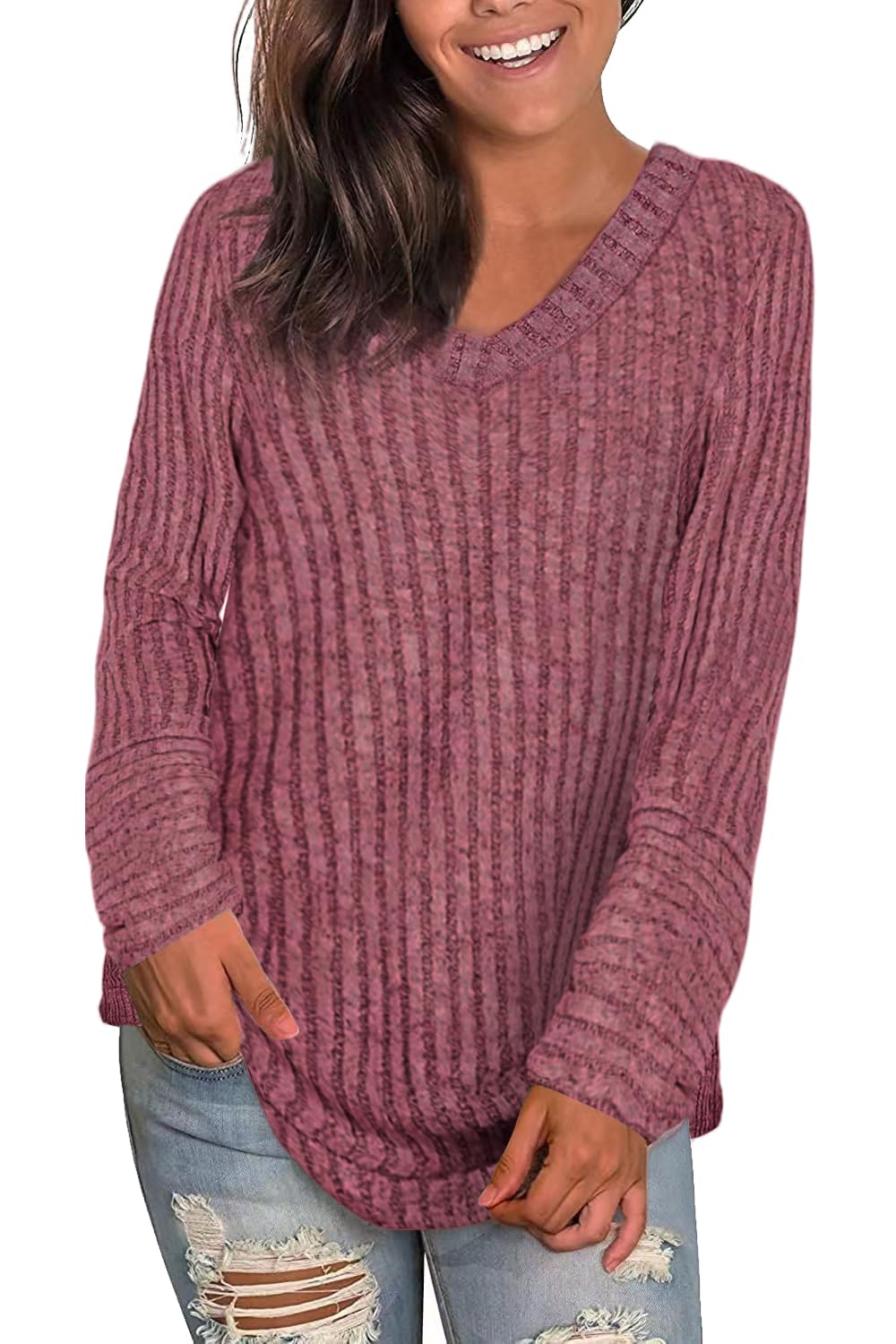 Xpenyo Women's V Neck Long Sleeve Tunic Sweatshirt - Casual Loose Fit for Work & Outings