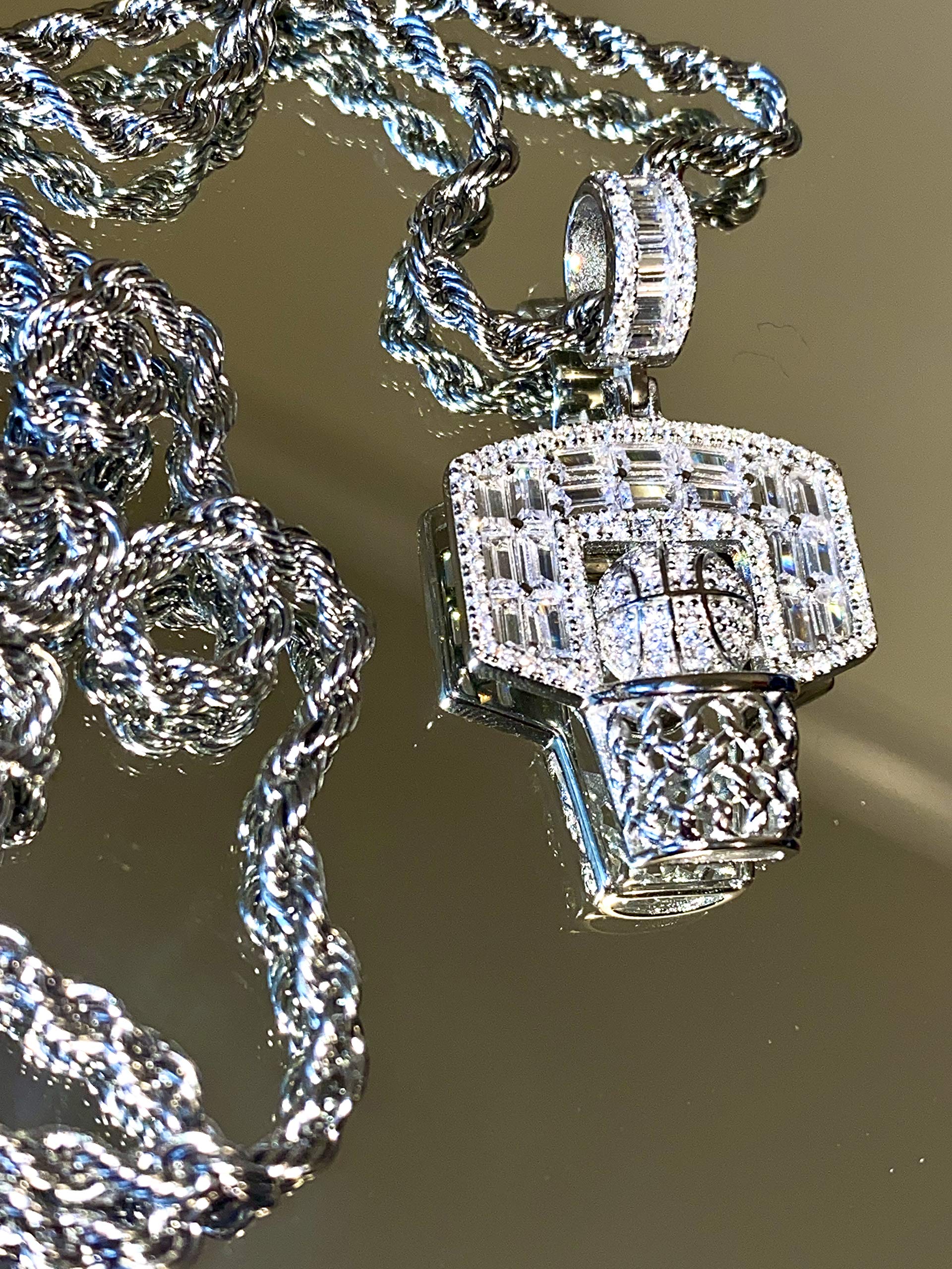 925 Sterling Silver Iced Out Pendant Necklace for Men & Women - Italy White Gold Finish Baguette Basketball Charm with 2mm Stainless Steel Rope Chain (16