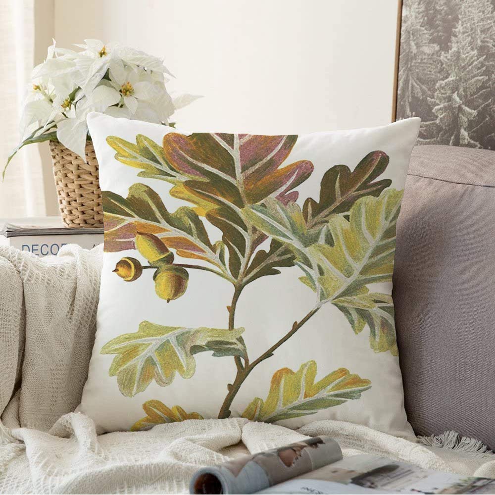 Vintage Oak Leaves & Branches Decorative Throw Pillow Covers 16x16 Inch - Acorn Pattern Printed Cushion Covers for Sofa, Couch & Bedroom Decor - Perfect for Fall Home Decor and Cozy Living Room Accents