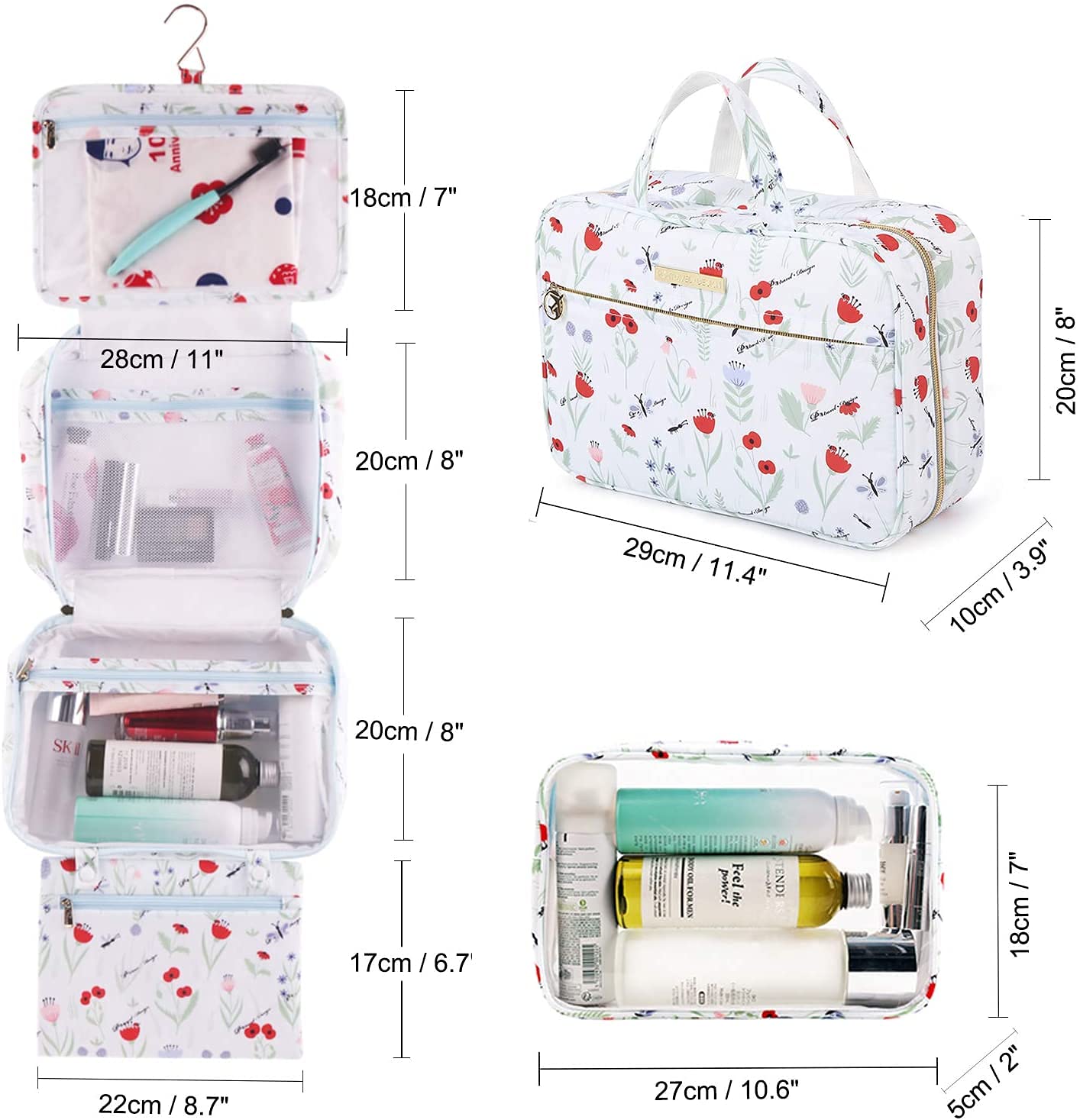 Lychii Hanging Toiletry Bag for Women - Large Floral Printed Travel Makeup Organizer & Cosmetic Case - Perfect for Bathroom, Shower, Gym, and Vacation Packing
