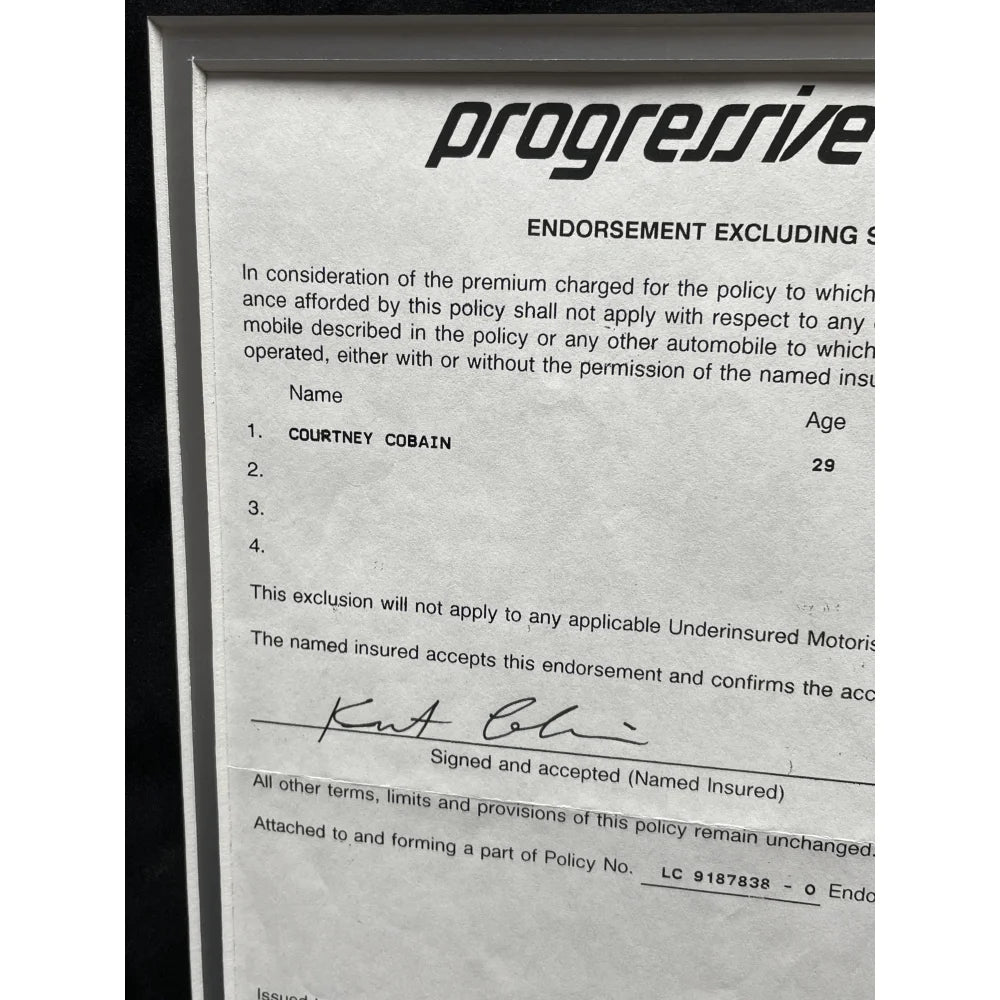 Authentic Kurt Cobain Hand Signed Car Insurance Policy Letter - Framed with JSA COA - Rare Nirvana Memorabilia for Collectors & Music Fans - Perfect for Display in Home, Office, or Music Room Decor