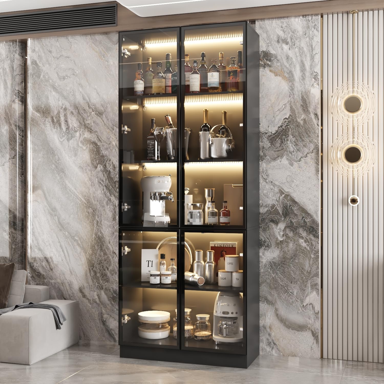 5-Tier Curio Display Cabinet with LED Lights - Black Glass Door Collectibles Showcase with Pop-Up Doors & 3-Color Lighting | Perfect for Living Room Decor, Book Display, and Antique Collection Storage