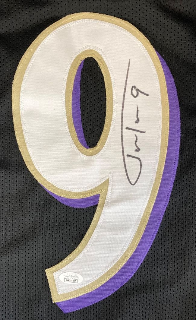 Justin Tucker Autographed Baltimore Ravens Black Football Jersey with JSA COA - Perfect for NFL Fans, Collectors, and Game Day Memorabilia Displays