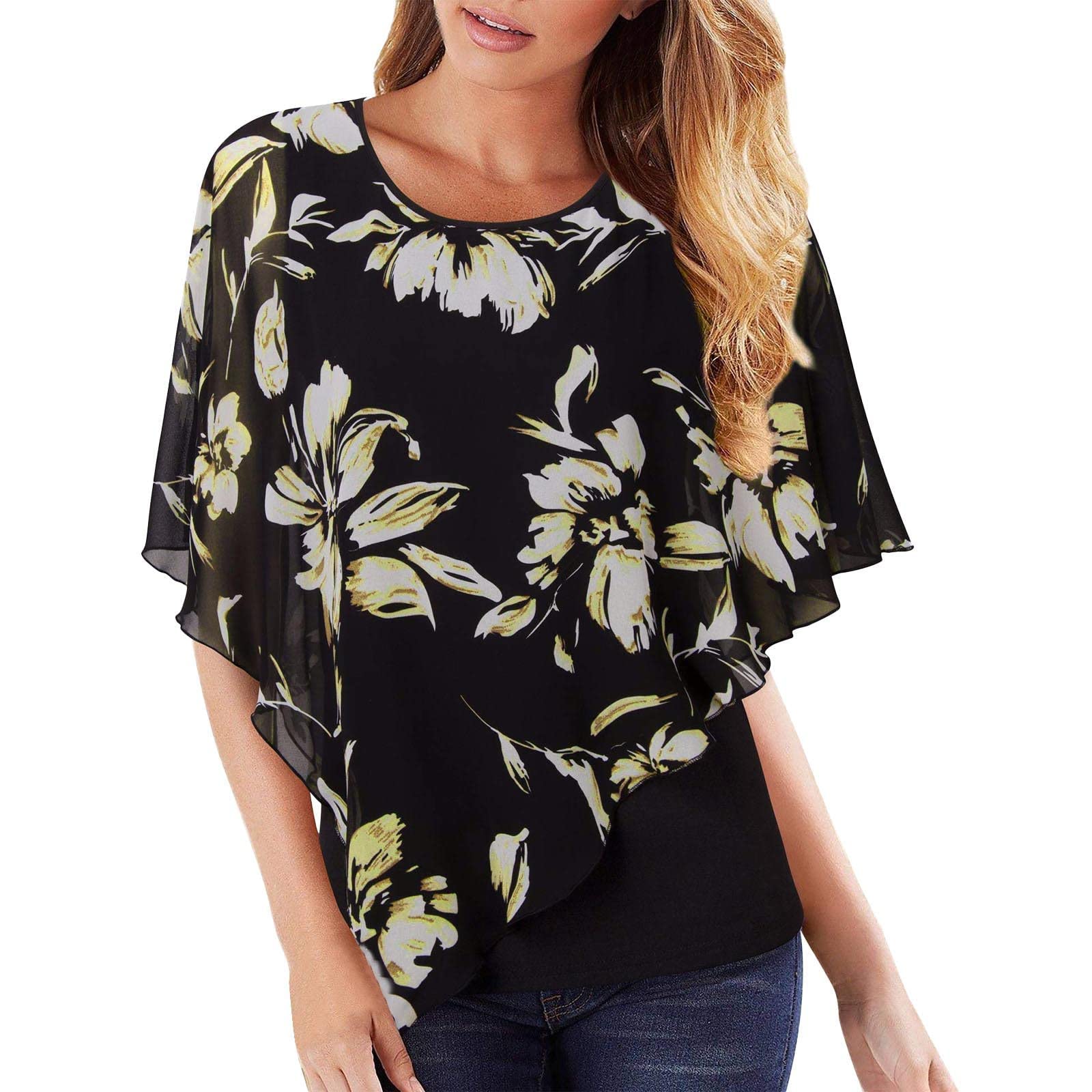 Elegant Women's Flowy Chiffon Poncho Blouse - Double-Layered Printed Casual Loose Tops for Women | Perfect for Office Wear, Date Nights & Summer Outfits