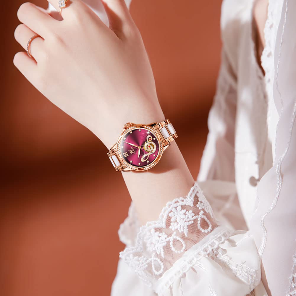 OLEVS Women's Automatic Self-Winding Watch - Red Face Rose Gold Mechanical Diamond Dress Watch for Women, Waterproof & Battery-Free - Perfect for Office, Party & Special Occasions