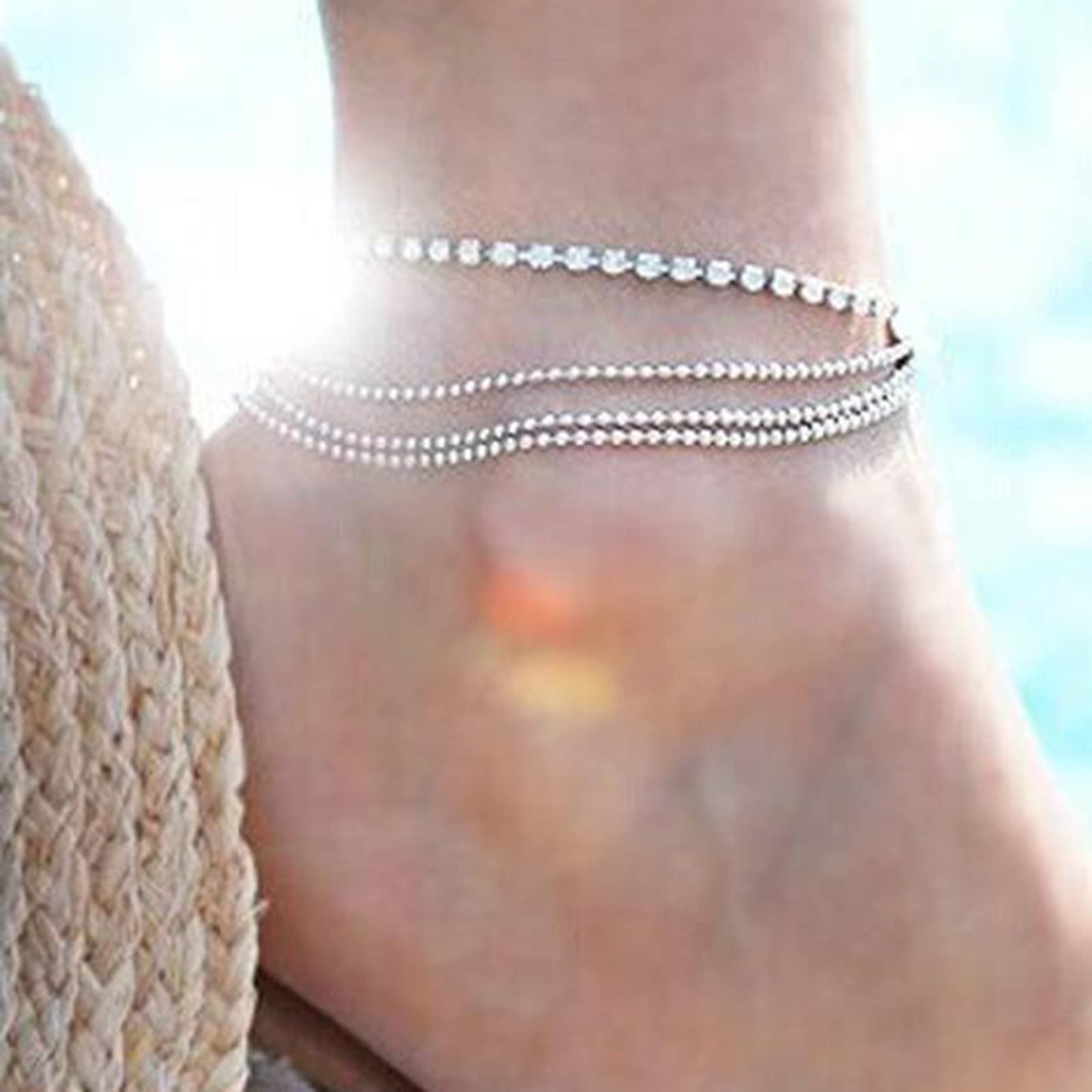 Boho Layered Rhinestone Anklet - Silver Diamond Crystal Ankle Bracelet for Women | Summer Wedding, Beach Party, Boho Festival Jewelry | Barefoot Sandals & Beaded Foot Chain Accessories