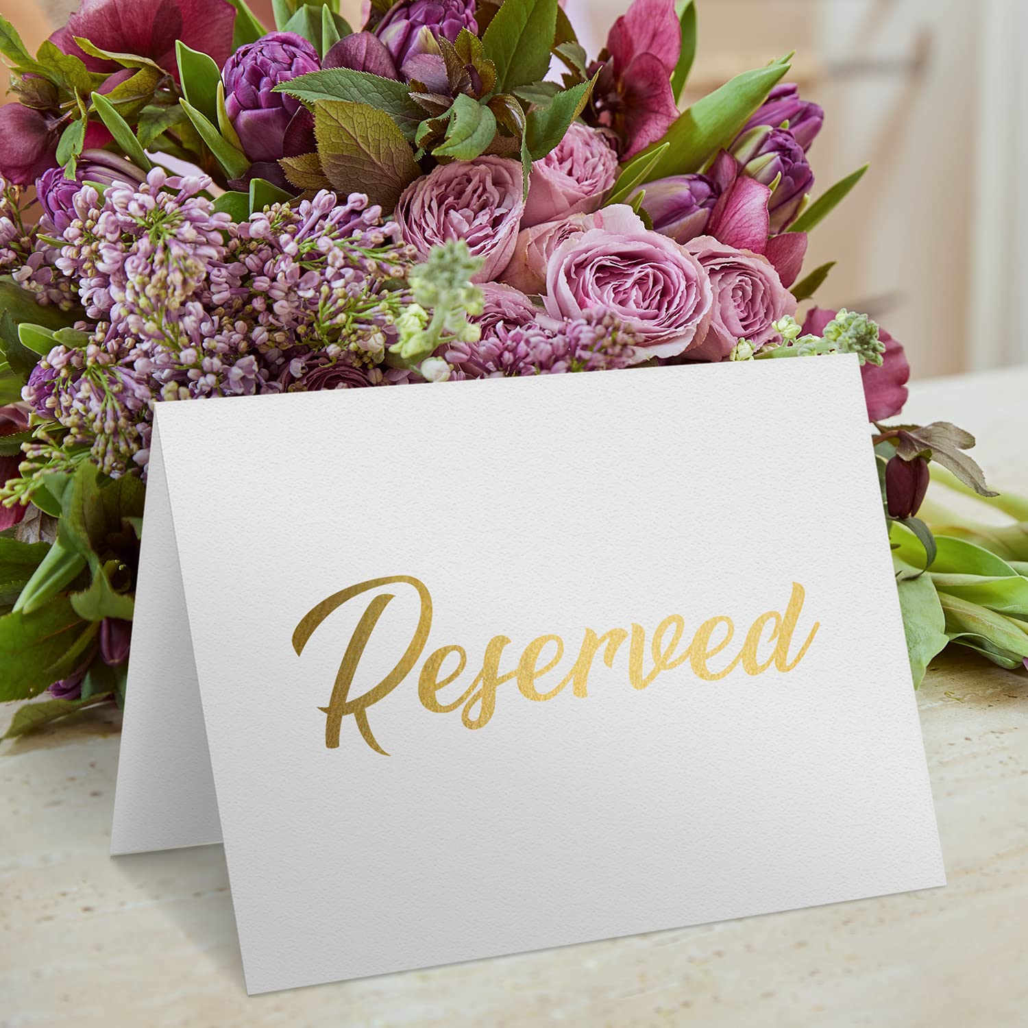 10-Pack White Reserved Table Signs with Gold Foil Design - Elegant Double-Sided Cardstock Table Tent Cards for Weddings, Banquets & Parties - Perfect for Reserved Seating at Events, Receptions & Special Occasions