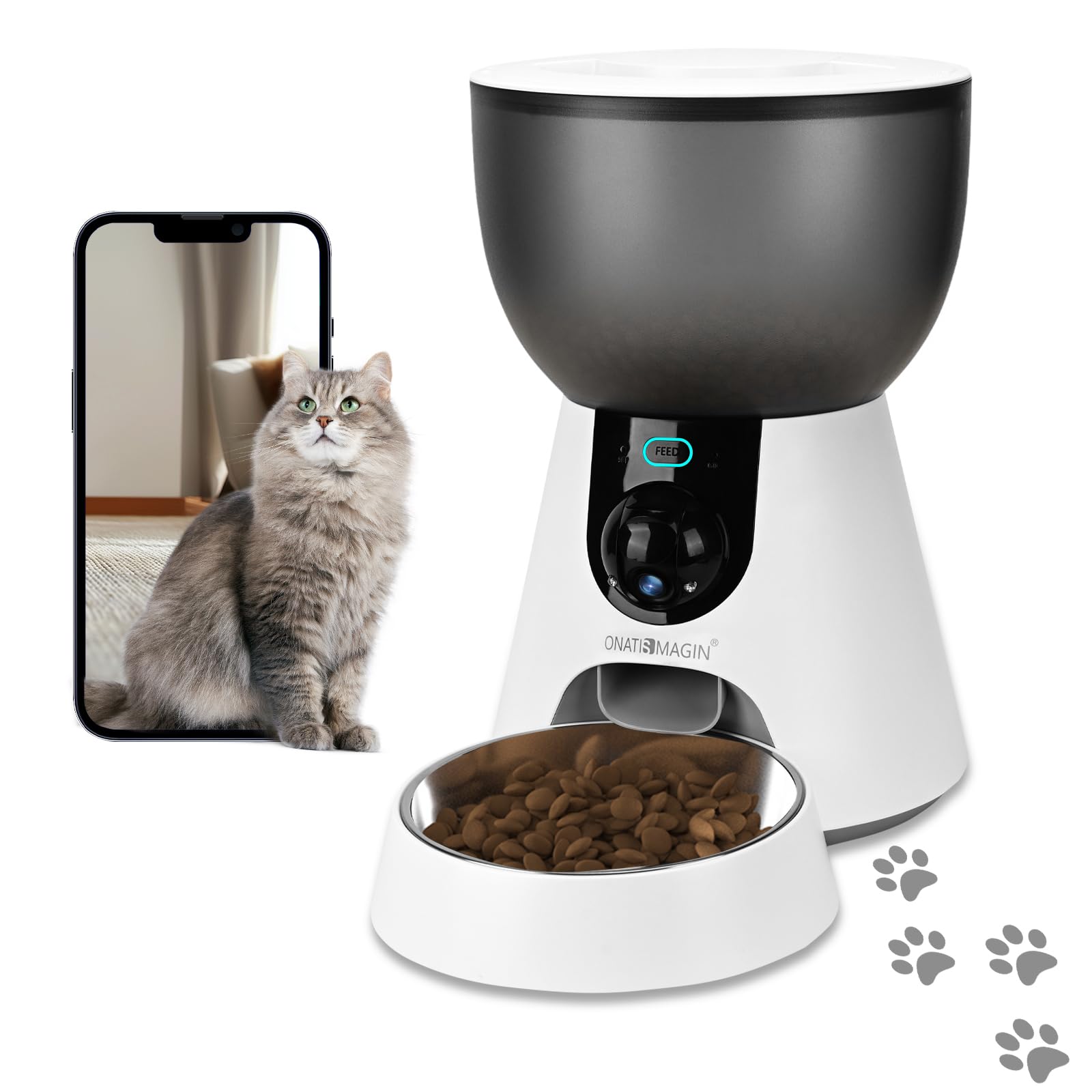 ONATISMAGIN 4L Smart Automatic Cat Feeder with Camera - 1080P HD Video, Night Vision & Two-Way Audio - App Controlled Pet Food Dispenser with Stainless Steel Bowl - Perfect for Cats & Dogs - Ideal for Travel, Work, or Busy Pet Owners