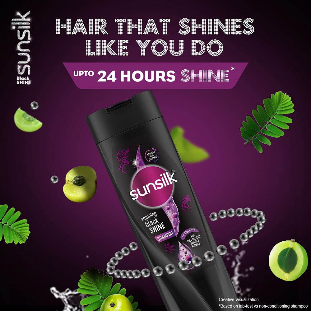 Sunsilk Stunning Black Shine Shampoo 340ml with Amla Oil & Pearl Protein - Hydrating & Volumizing for Shiny, Healthy Hair - Perfect for Dry, Damaged Hair Care & Daily Use
