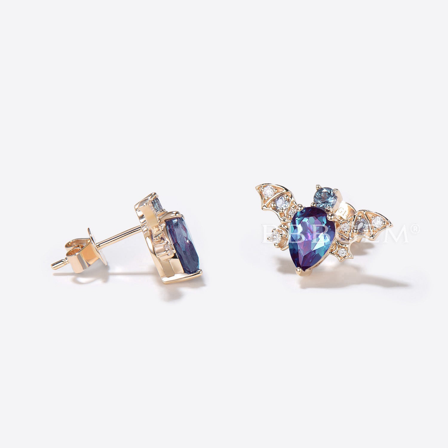 Pear Alexandrite Stud Earrings - Moon & Star Design Bat Earrings for Women | Hypoallergenic Jewelry for Gifts, Parties & Halloween Costume Accessories