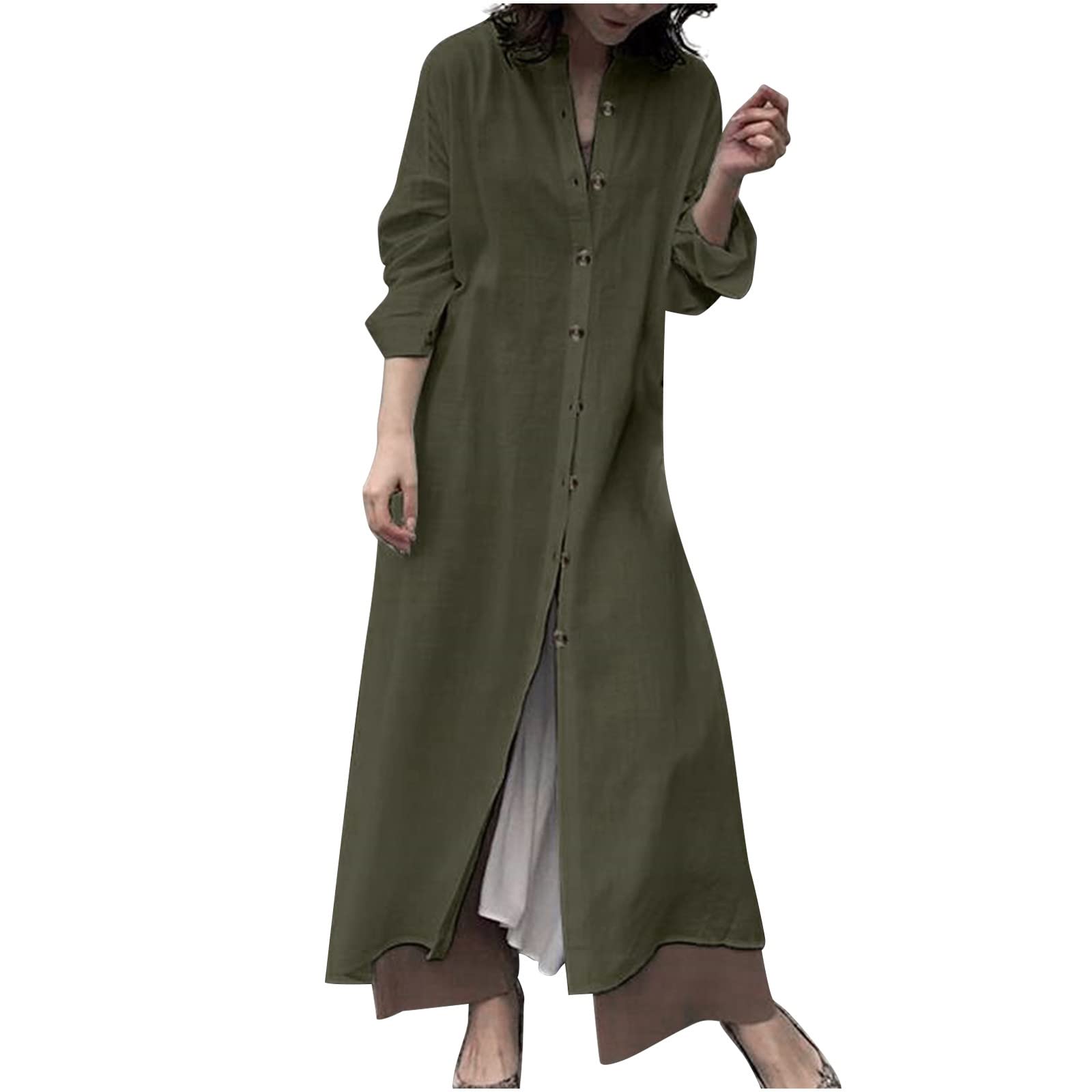 Maqroz Women's Cotton Linen Shirt Dress - Long Sleeve Lapel Maxi Dress with Button Down, Solid Color Midi Dress for Casual Wear, Loose Fit Long Dress - Perfect for Office, Brunch and Spring Outings