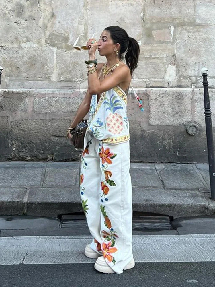 Women's Fashion Beach Print Tank Top & Wide Leg Zipper Pants 2-Piece Set - Halter Backless Sleeveless Vest Outfit for Summer Vacations, Pool Parties & Tropical Getaways 2024
