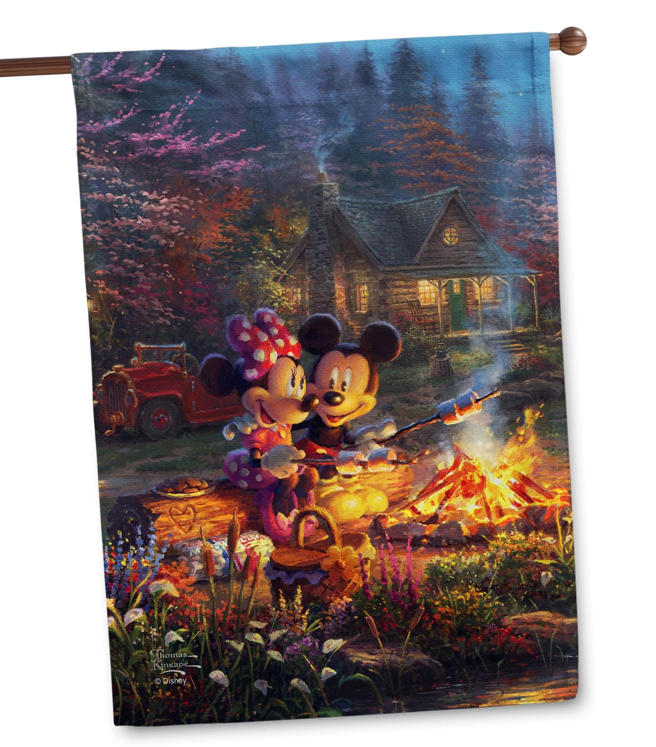 Disney Officially Licensed Mickey and Minnie Sweetheart Campfire House Flag - 28” x 40” Outdoor Decorative Garden Flag - Thomas Kinkade Inspired - Perfect for Disney Fans, Patio, Yard & Home Decor